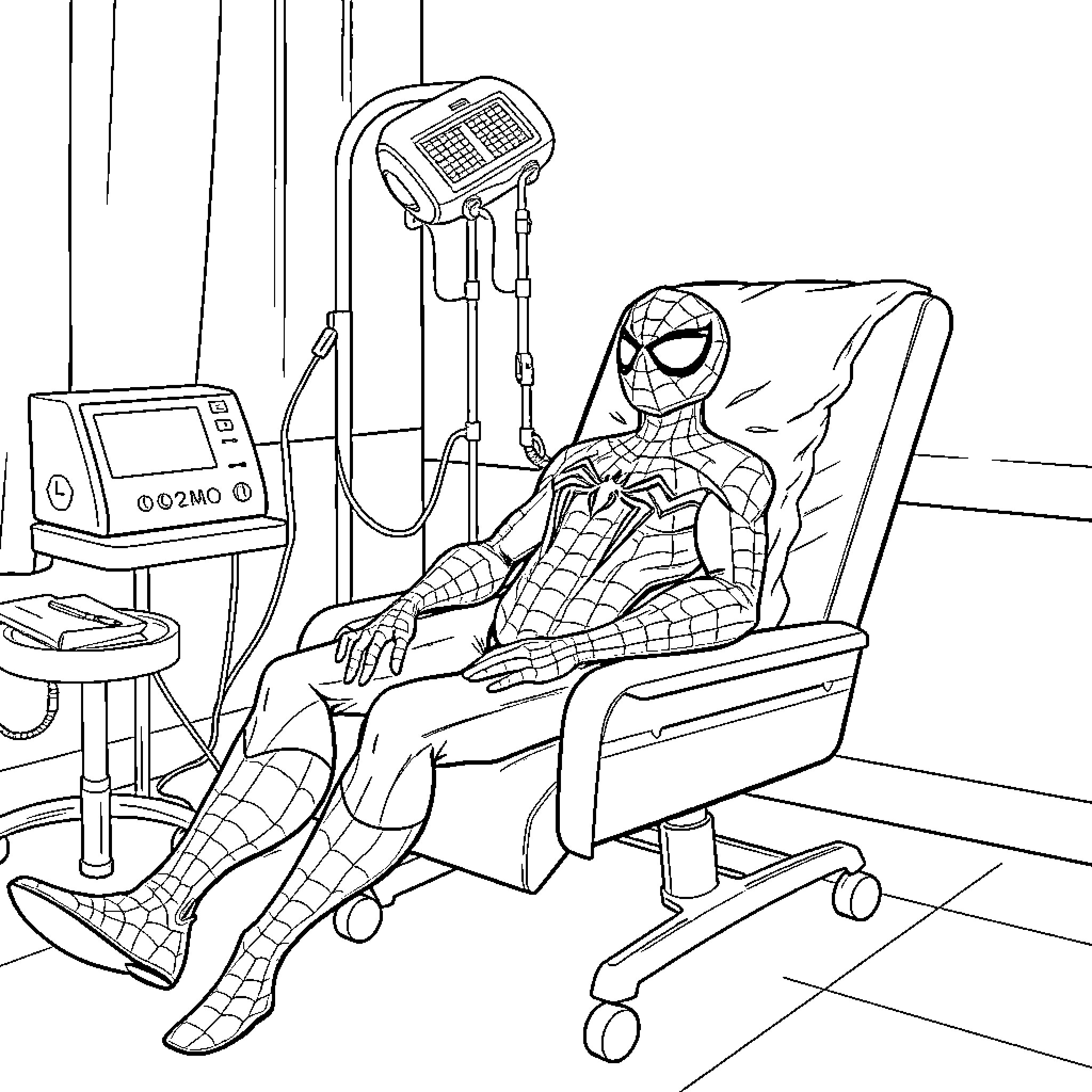 Spiderman recovering in medical facility Coloring Page (free black-and-white line drawing printable PDF for all, from beginners to advanced learners, including children, teens, adults, and seniors)