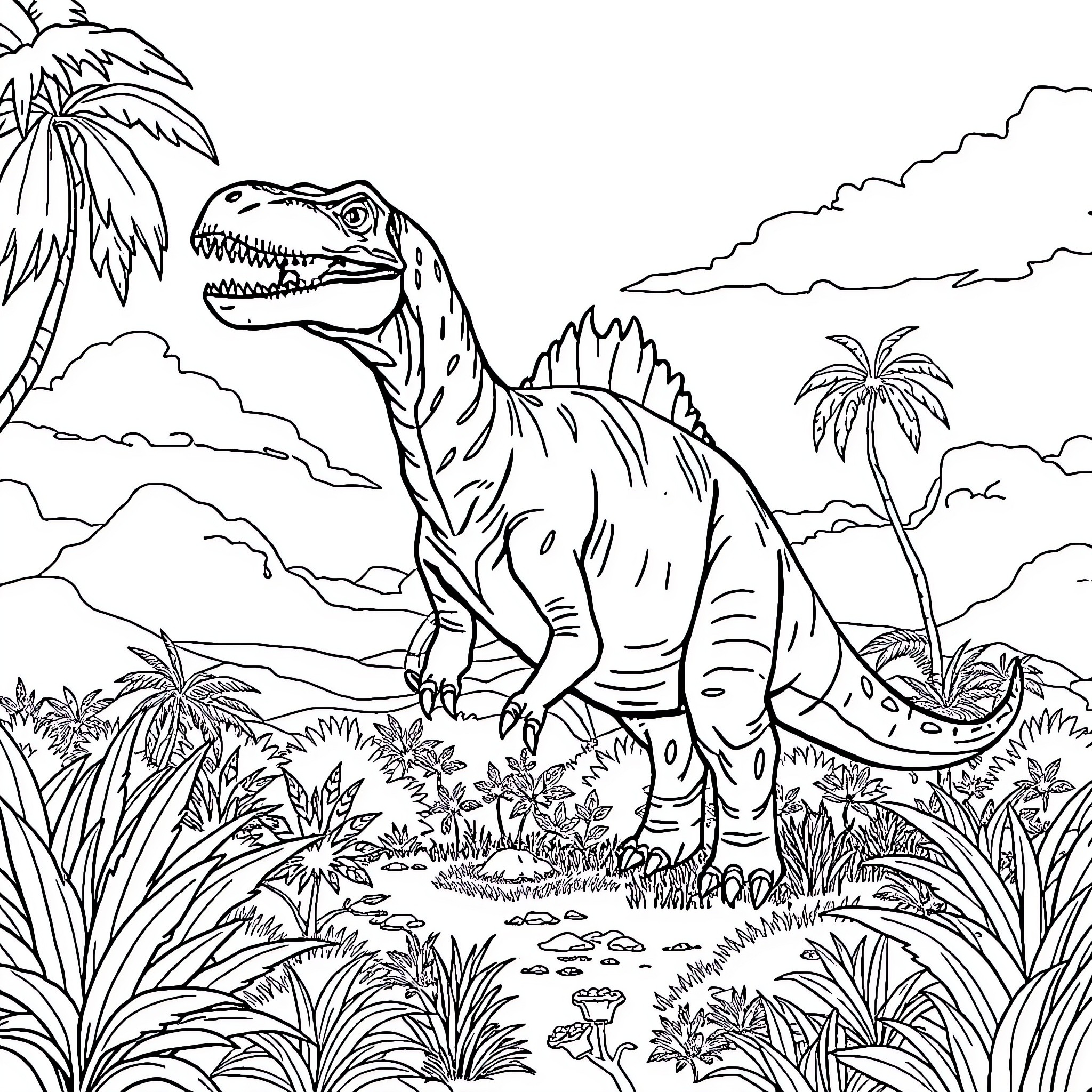 Dinosaur exploring lush prehistoric landscape Coloring Page (free black-and-white line drawing printable PDF for all, from beginners to advanced learners, including children, teens, adults, and seniors)