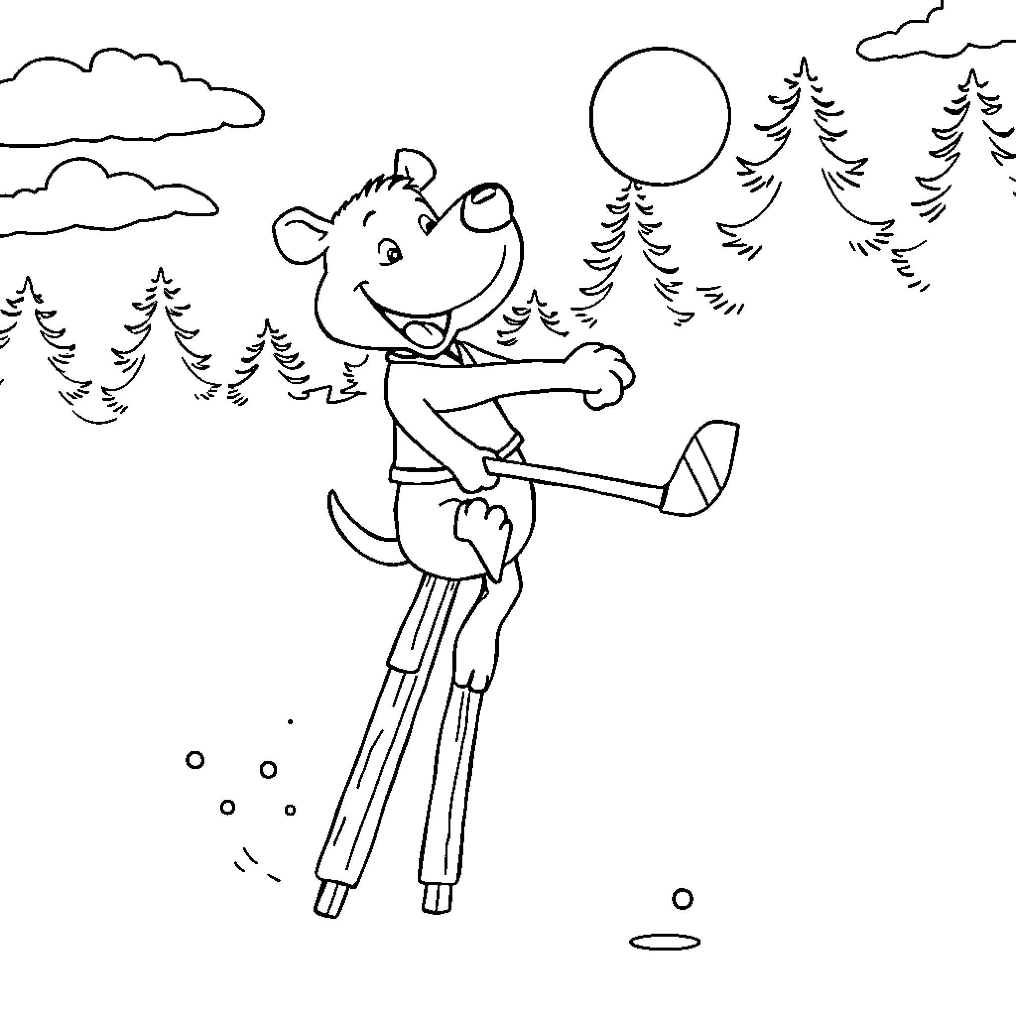 Dog playing with ice hockey stick in winter landscape Coloring Page (free black-and-white line drawing printable PDF for all, from beginners to advanced learners, including children, teens, adults, and seniors)