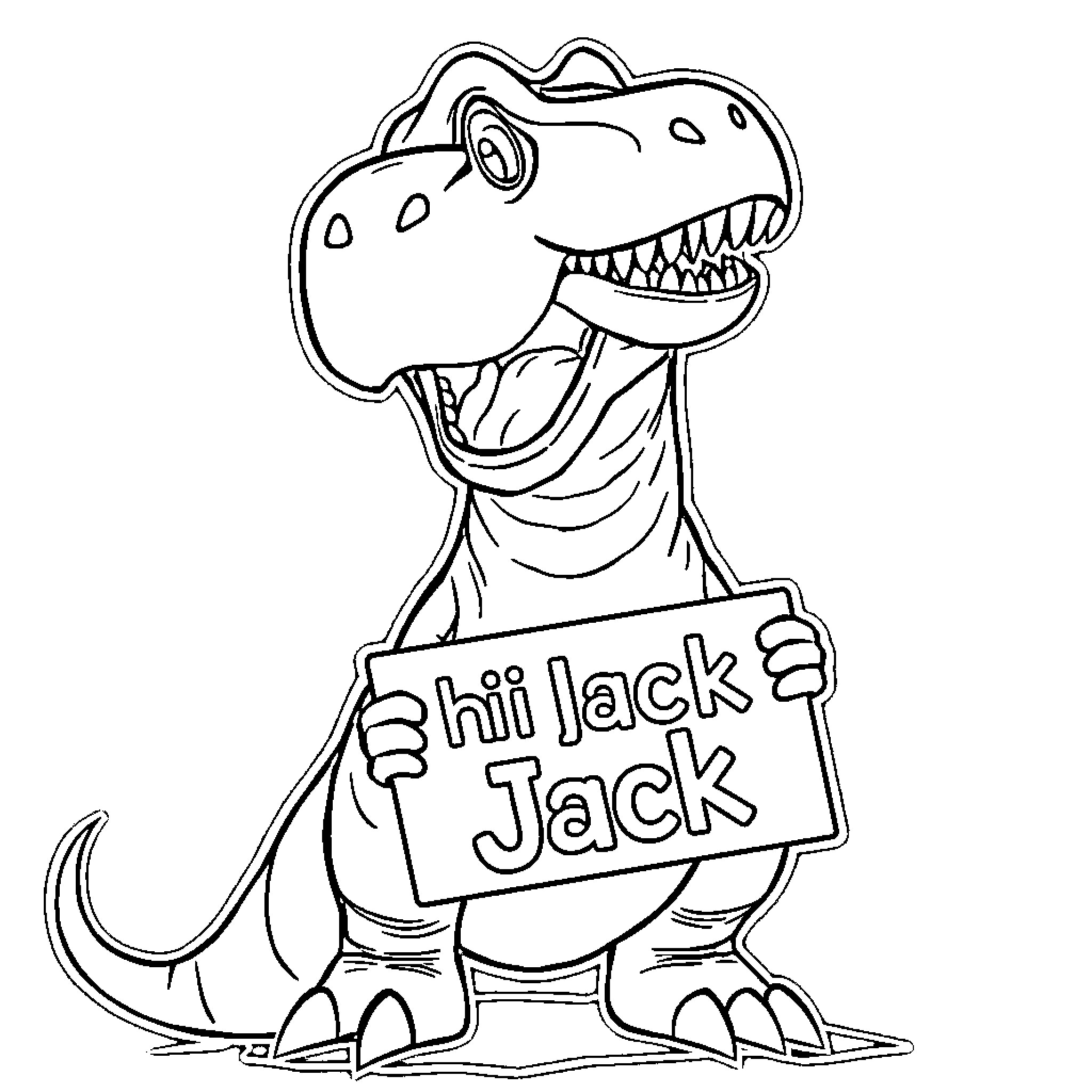 T-Rex Holding a Funny Sign Coloring Page (free black-and-white line drawing printable PDF for all, from beginners to advanced learners, including children, teens, adults, and seniors)