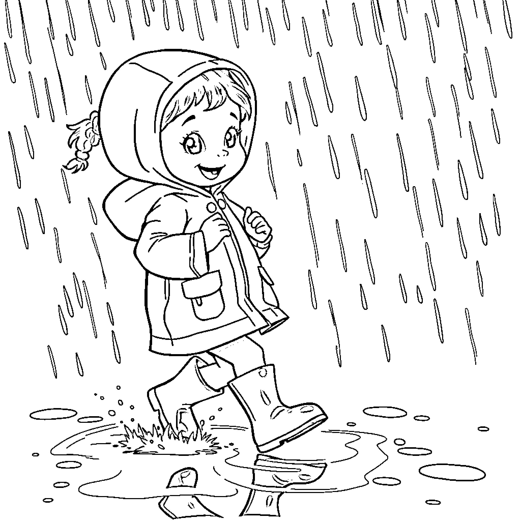Girl walking in the rain with umbrella Coloring Page (free black-and-white line drawing printable PDF for all, from beginners to advanced learners, including children, teens, adults, and seniors)