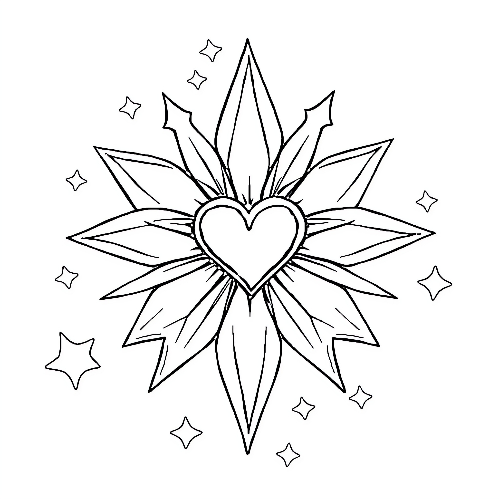 Star-shaped heart with cosmic elements Coloring Page (free black-and-white line drawing printable PDF for all, from beginners to advanced learners, including children, teens, adults, and seniors)