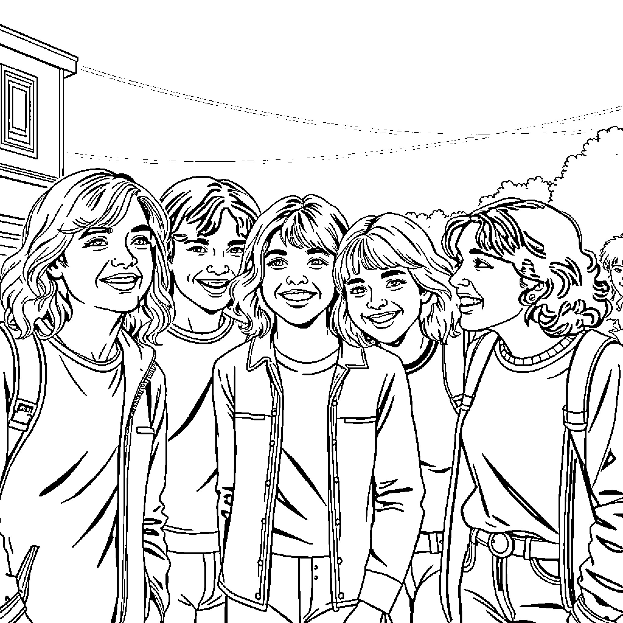 Stranger Things: Group of Smiling Friends Coloring Page (free black-and-white line drawing printable PDF for all, from beginners to advanced learners, including children, teens, adults, and seniors)