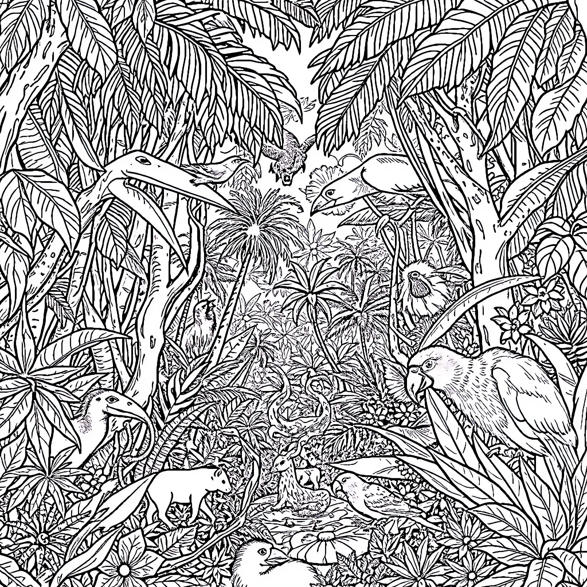 Ace of the Jungle: Tropical Fauna and Flora Exploration Coloring Page (free black-and-white line drawing printable PDF for all, from beginners to advanced learners, including children, teens, adults, and seniors)