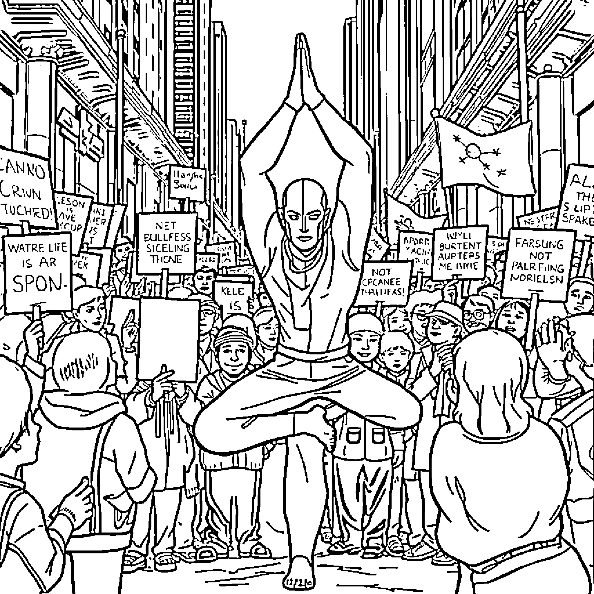 Magneto leading a protest in the city Coloring Page (free black-and-white line drawing printable PDF for all, from beginners to advanced learners, including children, teens, adults, and seniors)
