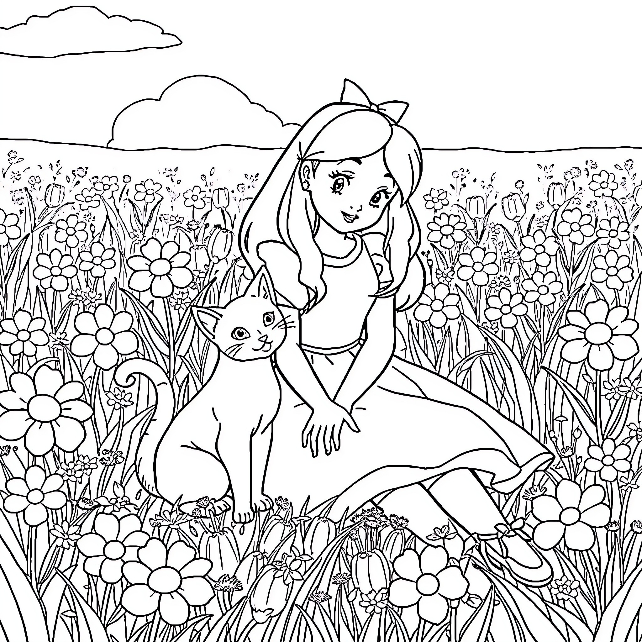 Alice exploring a vibrant flower garden with a feline companion Coloring Page (free black-and-white line drawing printable PDF for all, from beginners to advanced learners, including children, teens, adults, and seniors)