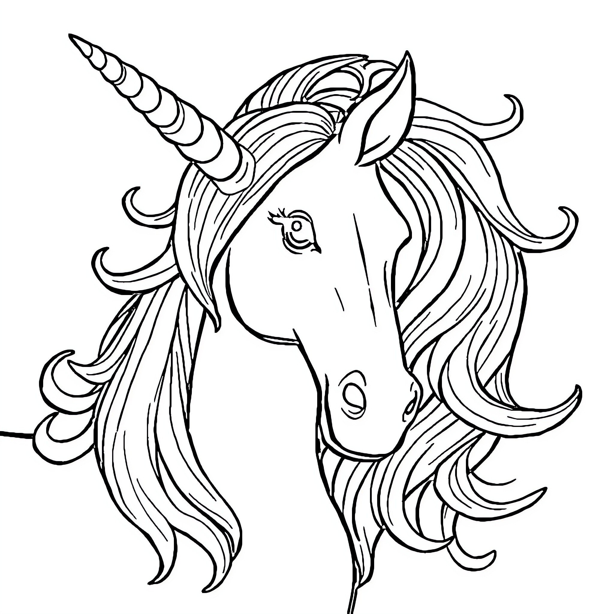 Unicorn with majestic mane and horn Coloring Page (free black-and-white line drawing printable PDF for all, from beginners to advanced learners, including children, teens, adults, and seniors)