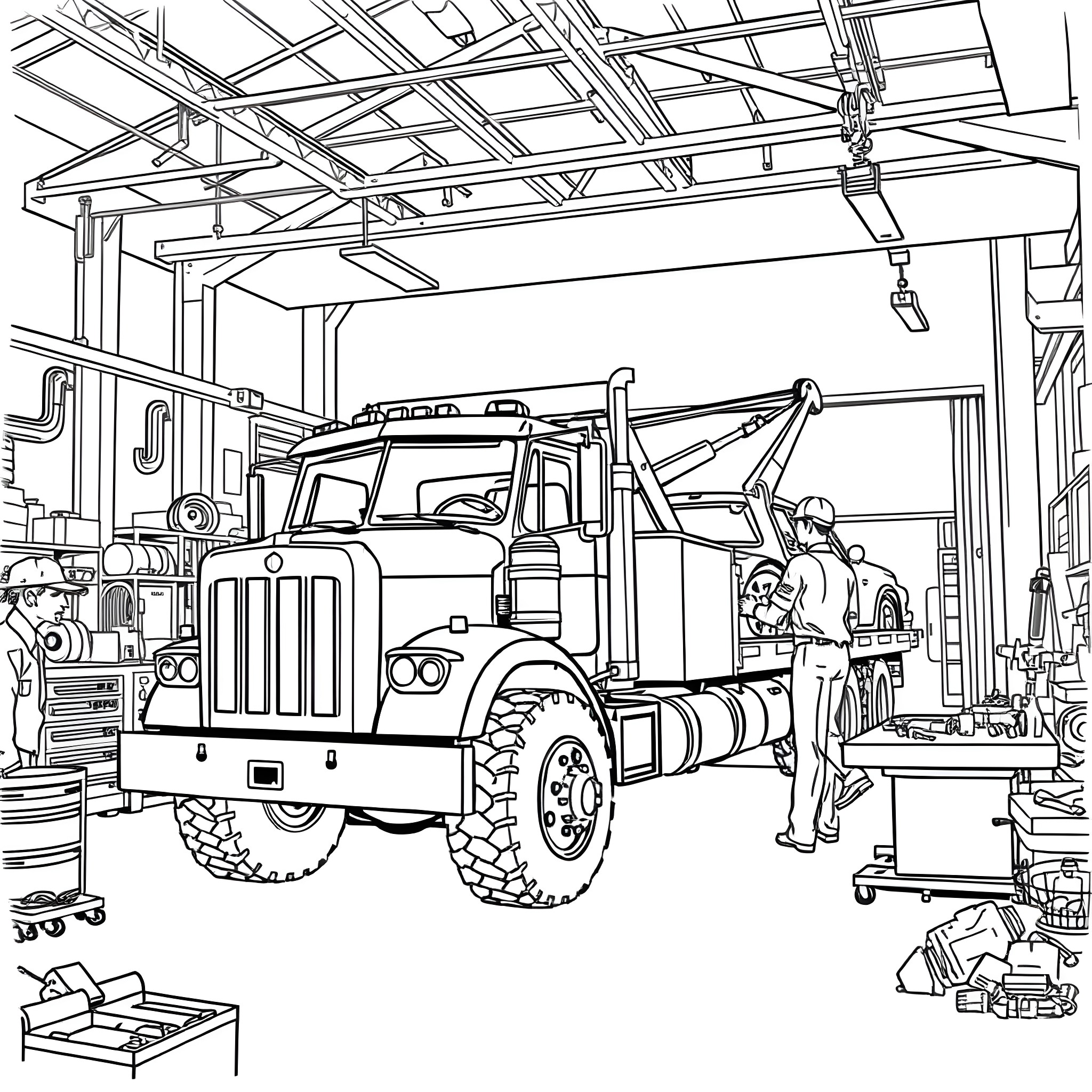 Rollback Wrecker Repairing Heavy Duty Truck in Garage Coloring Page (free black-and-white line drawing printable PDF for all, from beginners to advanced learners, including children, teens, adults, and seniors)