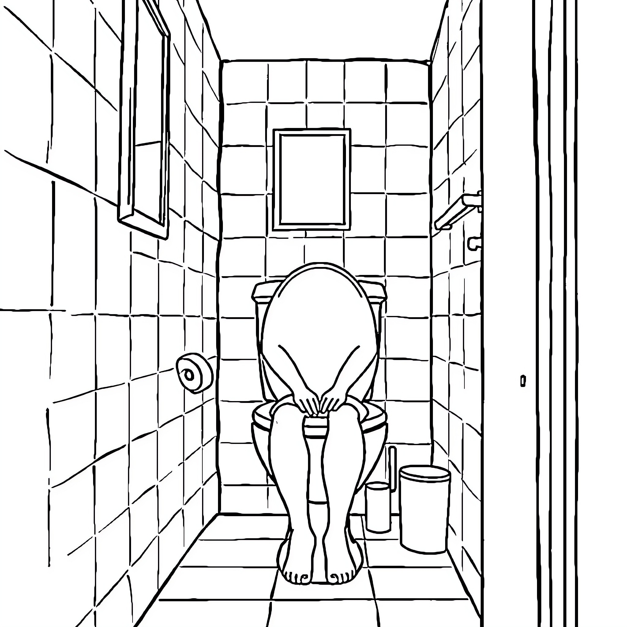 Person sitting alone in a public restroom Coloring Page (free black-and-white line drawing printable PDF for all, from beginners to advanced learners, including children, teens, adults, and seniors)