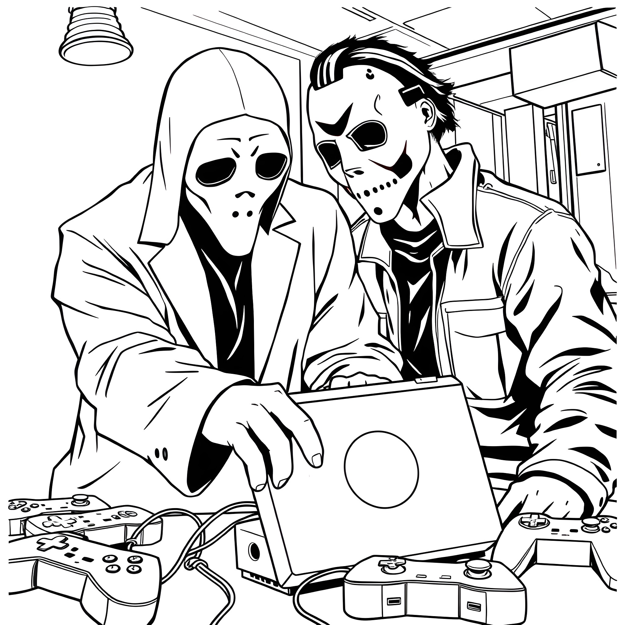 Ghostface characters engaged in video game play Coloring Page (free black-and-white line drawing printable PDF for all, from beginners to advanced learners, including children, teens, adults, and seniors)