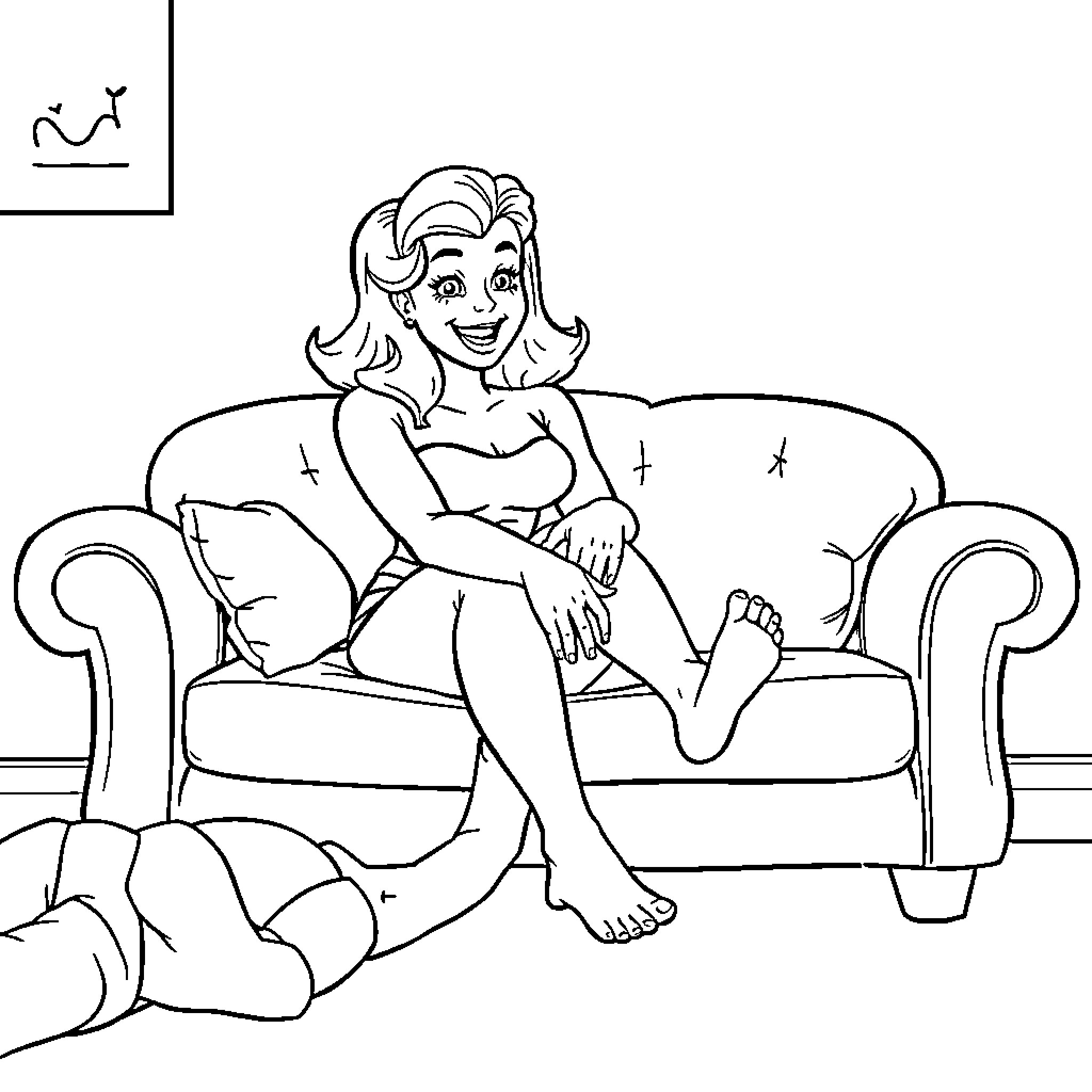 April O'Neil relaxing on a couch Coloring Page (free black-and-white line drawing printable PDF for all, from beginners to advanced learners, including children, teens, adults, and seniors)