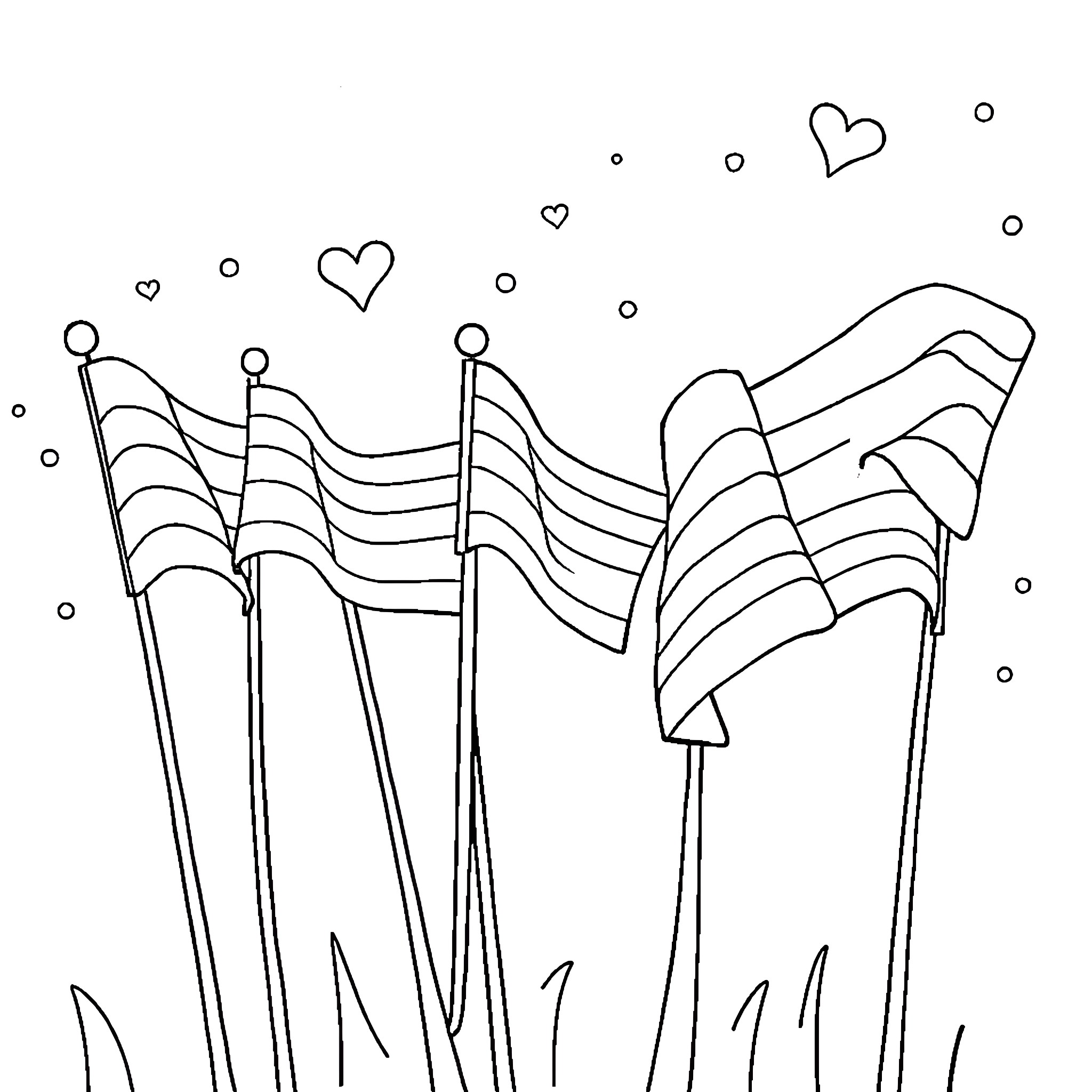 Pride parade with waving flags and hearts Coloring Page (free black-and-white line drawing printable PDF for all, from beginners to advanced learners, including children, teens, adults, and seniors)