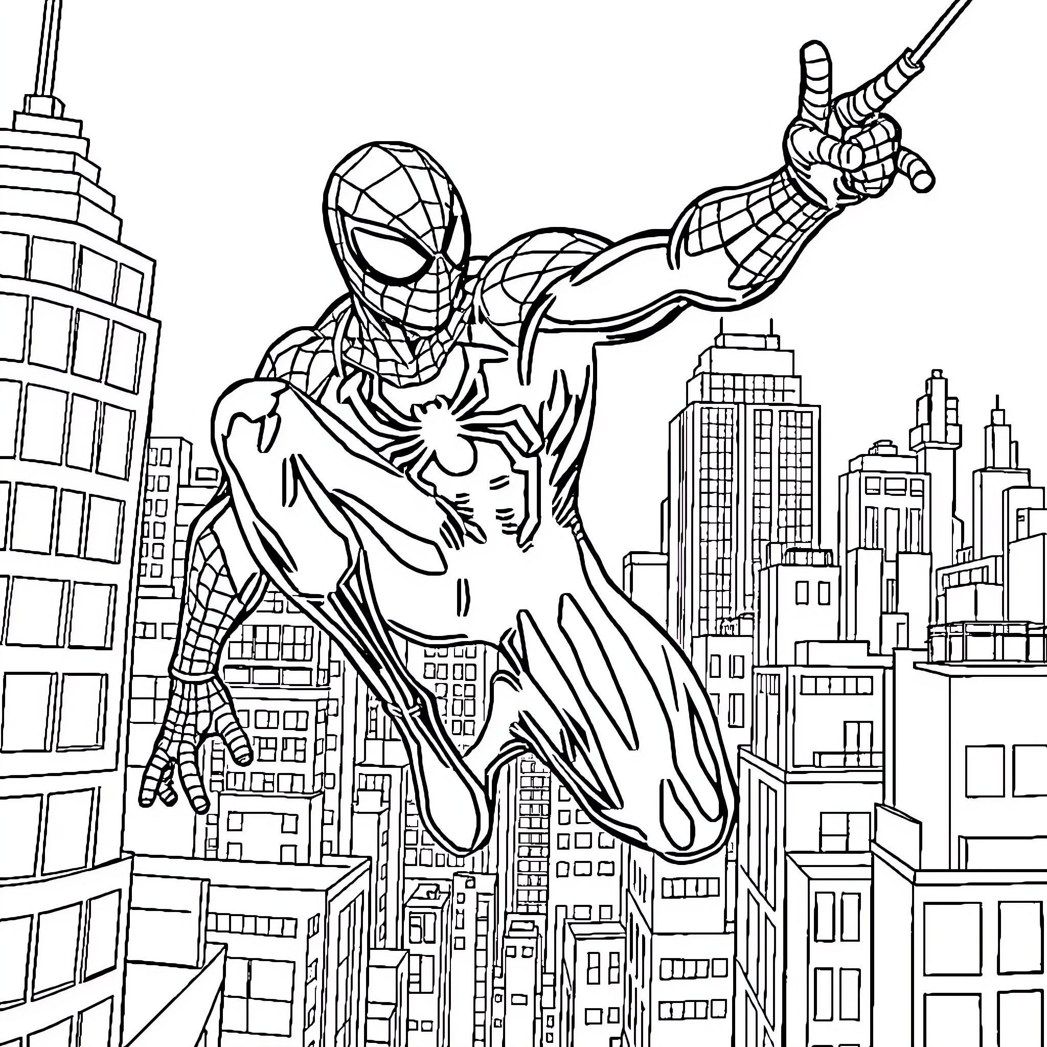 Spider-Man swinging through the city skyline Coloring Page (free black-and-white line drawing printable PDF for all, from beginners to advanced learners, including children, teens, adults, and seniors)