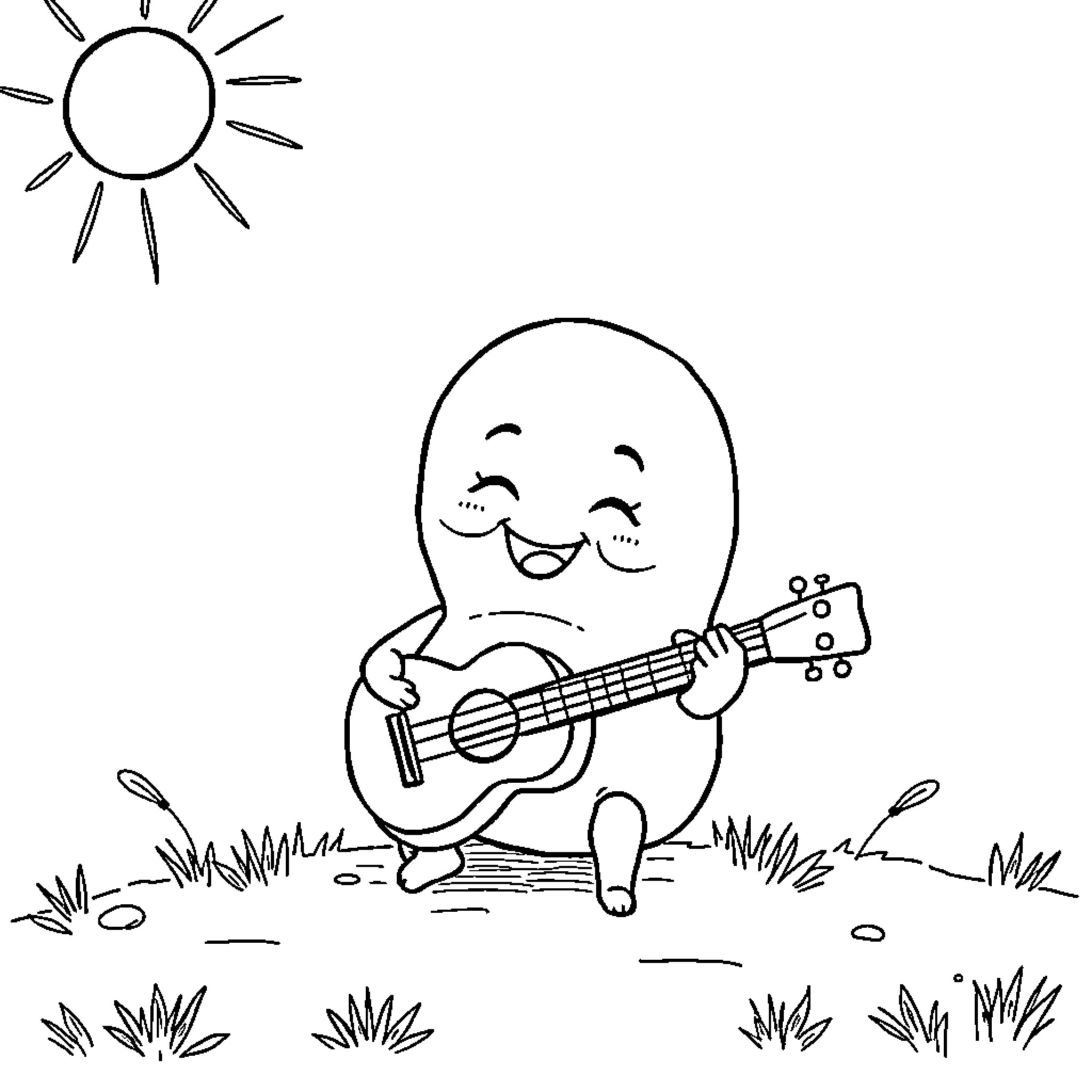 Bean playing guitar happily in the park Coloring Page (free black-and-white line drawing printable PDF for all, from beginners to advanced learners, including children, teens, adults, and seniors)