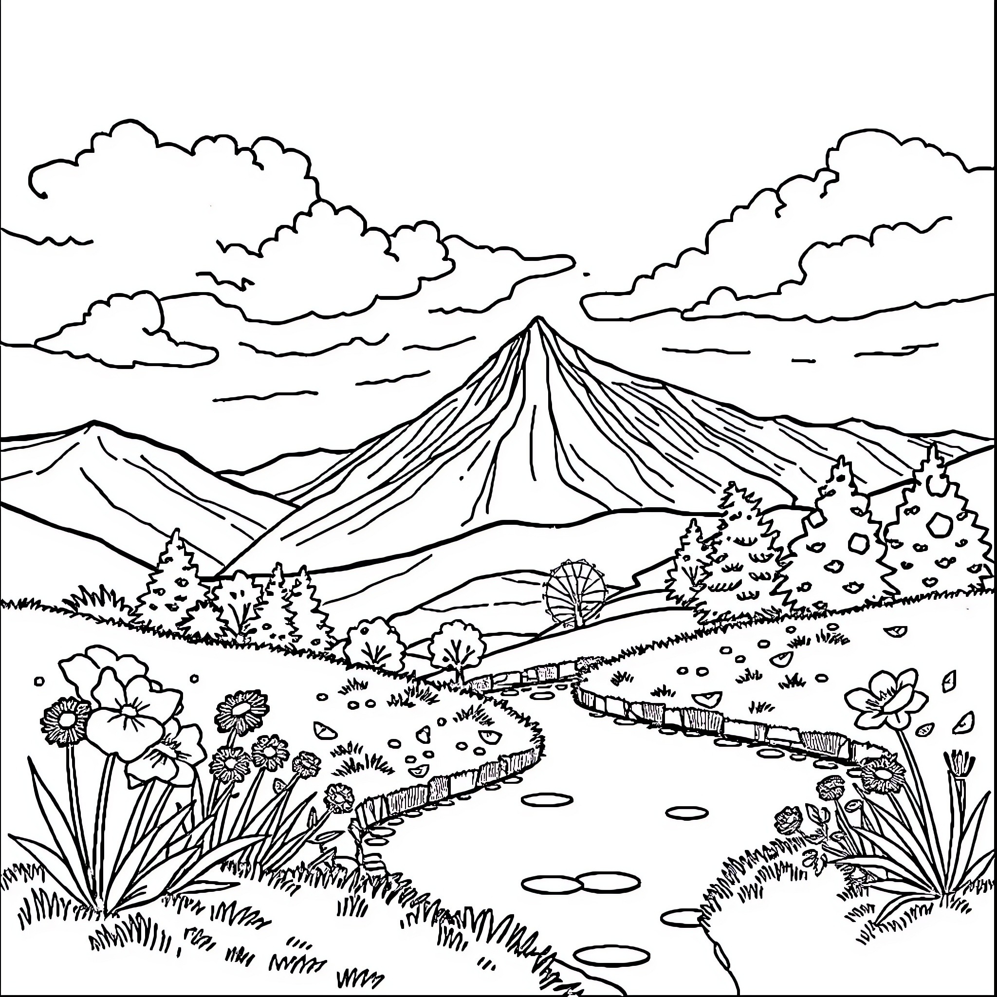 Image of a scenic landscape with mountains, clouds, and nature elements Coloring Page (free black-and-white line drawing printable PDF for all, from beginners to advanced learners, including children, teens, adults, and seniors)