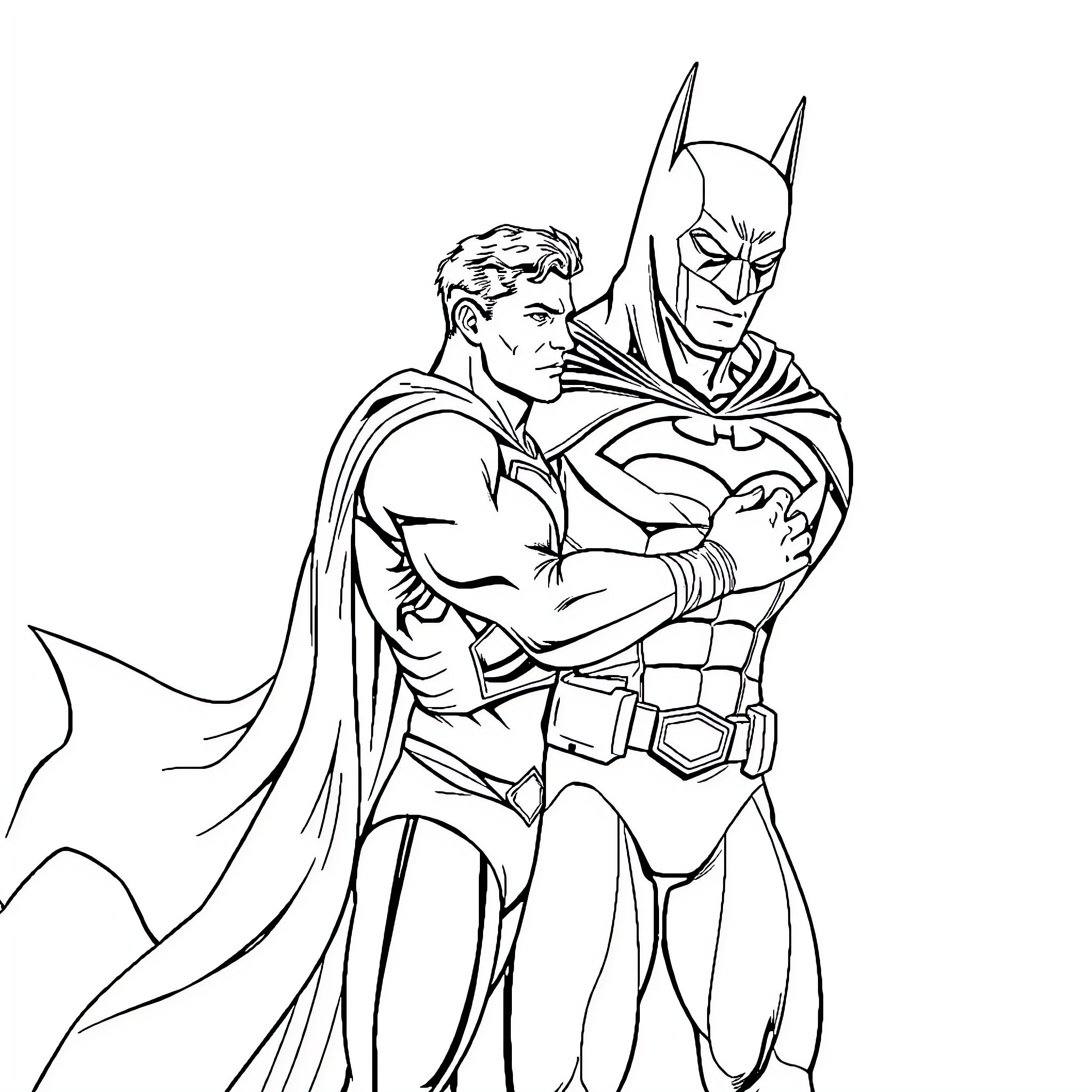 Superman and Batman standing together in heroic poses Coloring Page (free black-and-white line drawing printable PDF for all, from beginners to advanced learners, including children, teens, adults, and seniors)
