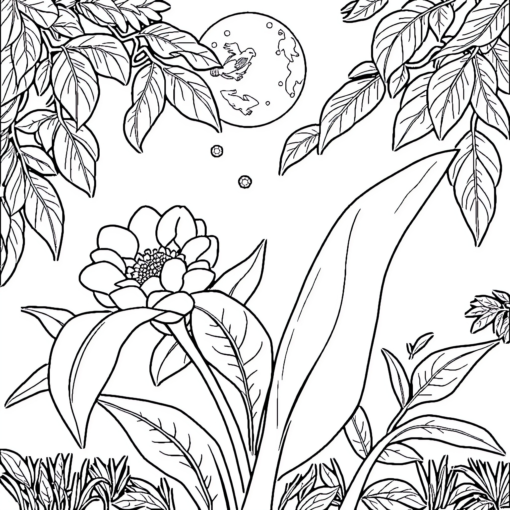 Tree with blooming flowers and birds in the moonlight Coloring Page (free black-and-white line drawing printable PDF for all, from beginners to advanced learners, including children, teens, adults, and seniors)