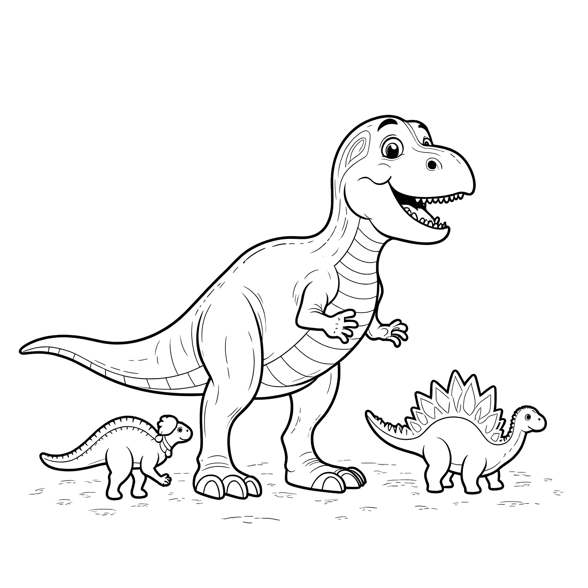 T-Rex and its baby dinosaur friends in the wild Coloring Page (free black-and-white line drawing printable PDF for all, from beginners to advanced learners, including children, teens, adults, and seniors)