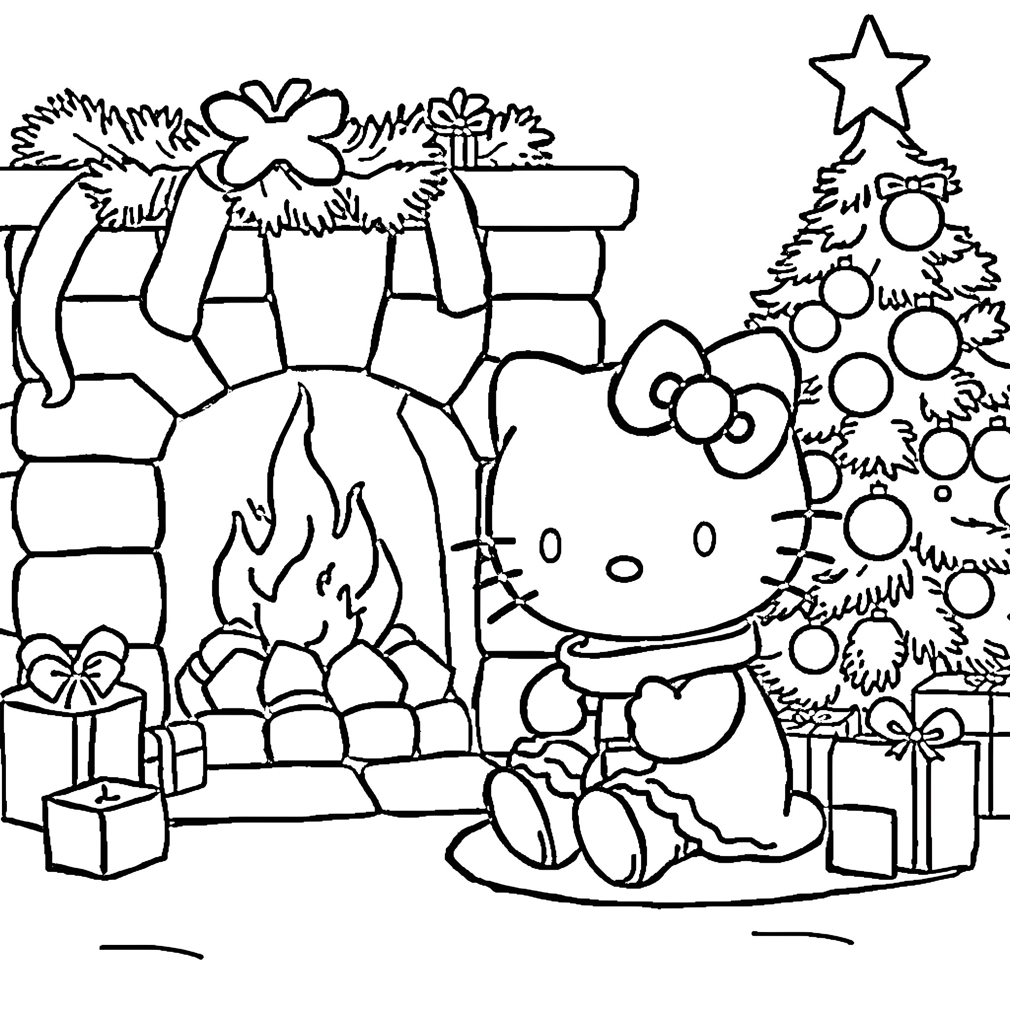 Hello Kitty decorating for Christmas with toys and presents Coloring Page (free black-and-white line drawing printable PDF for all, from beginners to advanced learners, including children, teens, adults, and seniors)