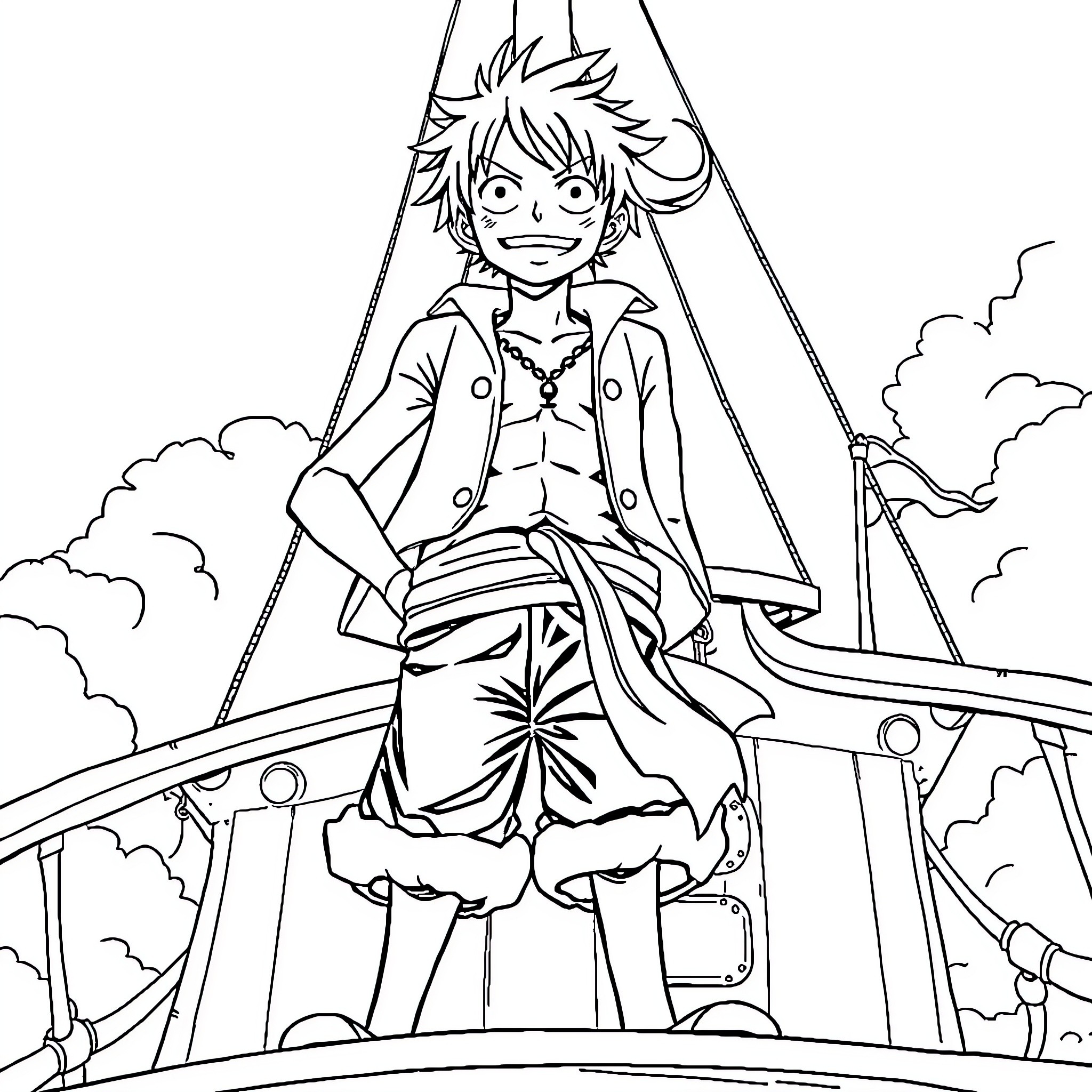 Luffy's Adventurous Voyage on the High Seas Coloring Page (free black-and-white line drawing printable PDF for all, from beginners to advanced learners, including children, teens, adults, and seniors)