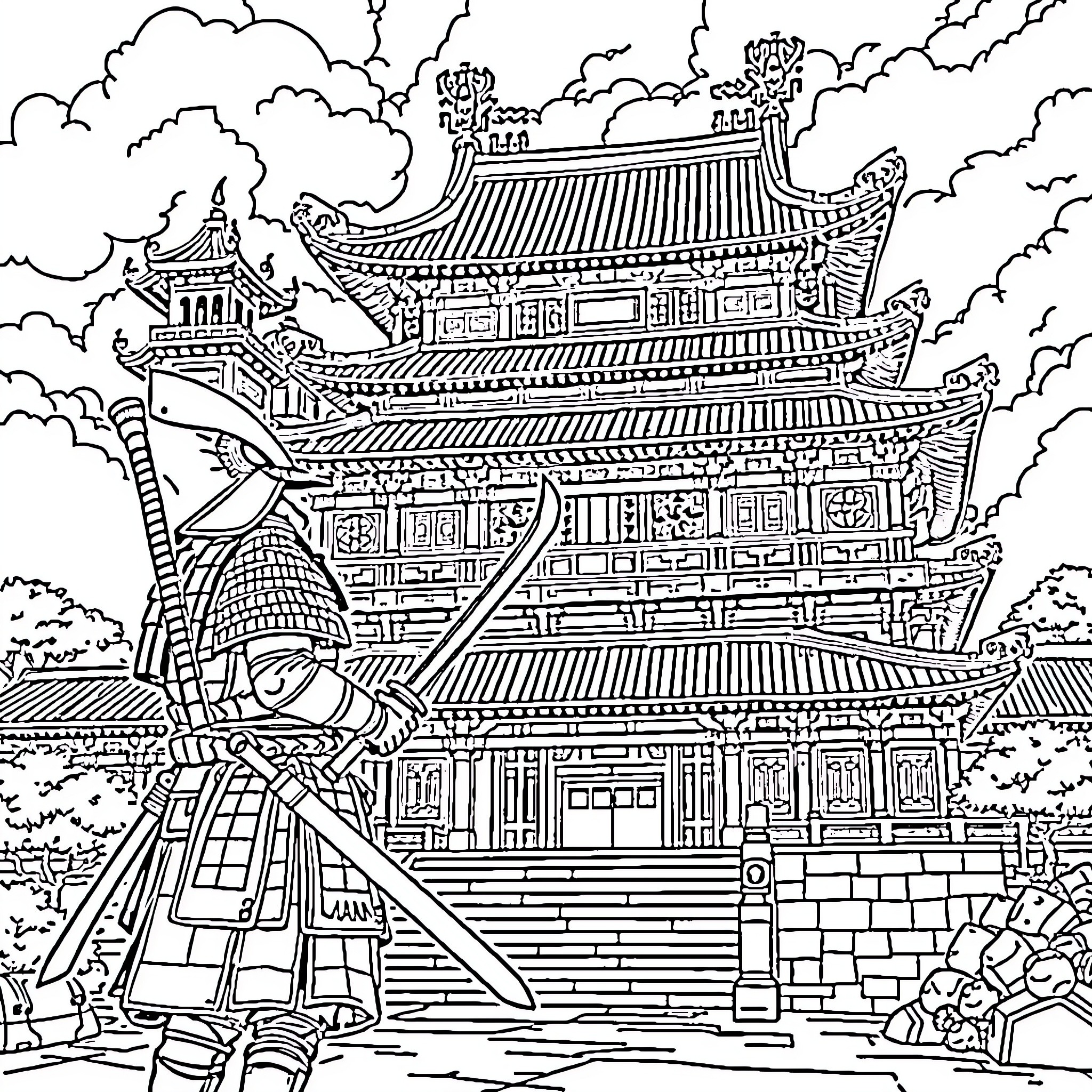 Samurai Guarding the Majestic Japanese Palace Coloring Page (free black-and-white line drawing printable PDF for all, from beginners to advanced learners, including children, teens, adults, and seniors)