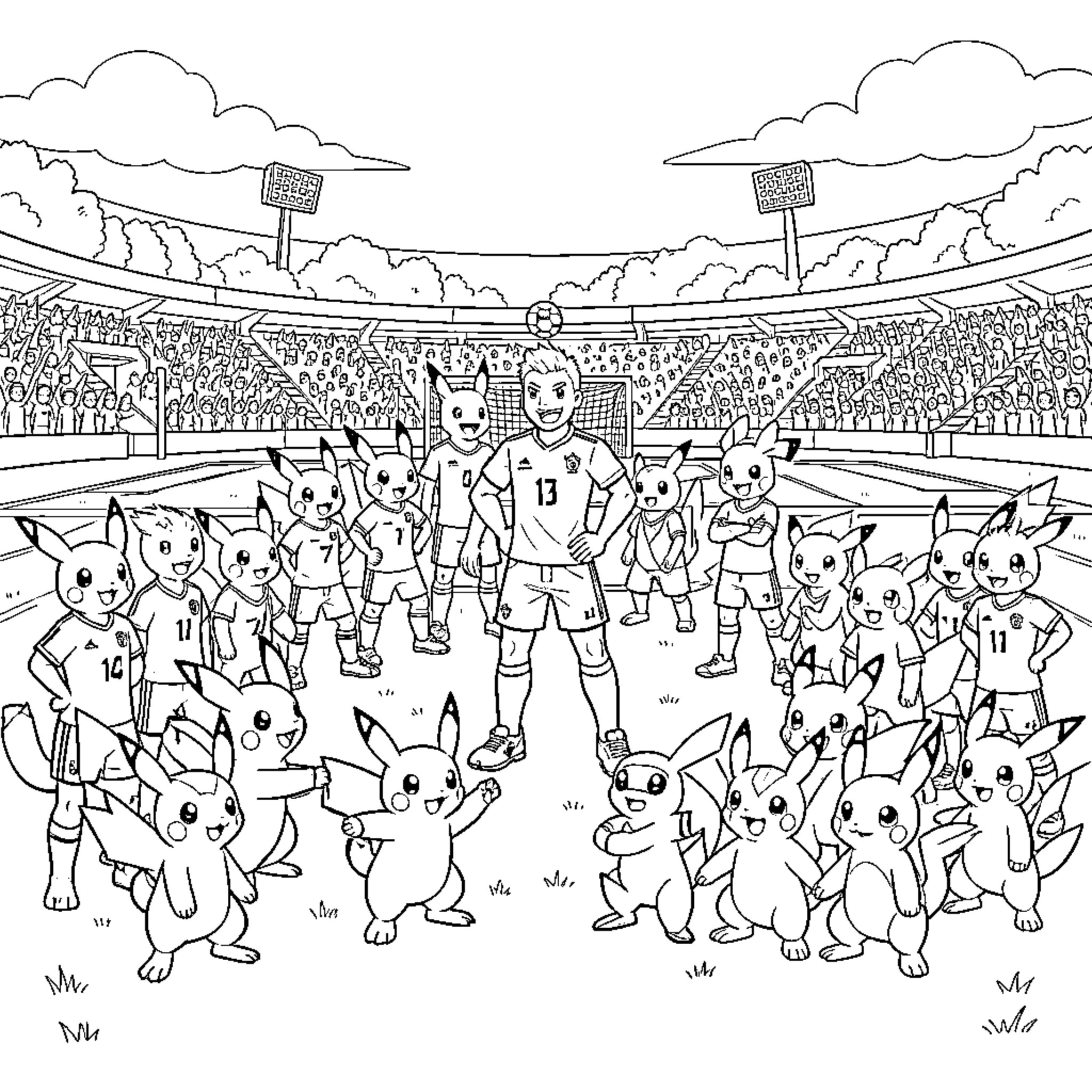 Pokémon characters playing soccer in a large stadium Coloring Page (free black-and-white line drawing printable PDF for all, from beginners to advanced learners, including children, teens, adults, and seniors)
