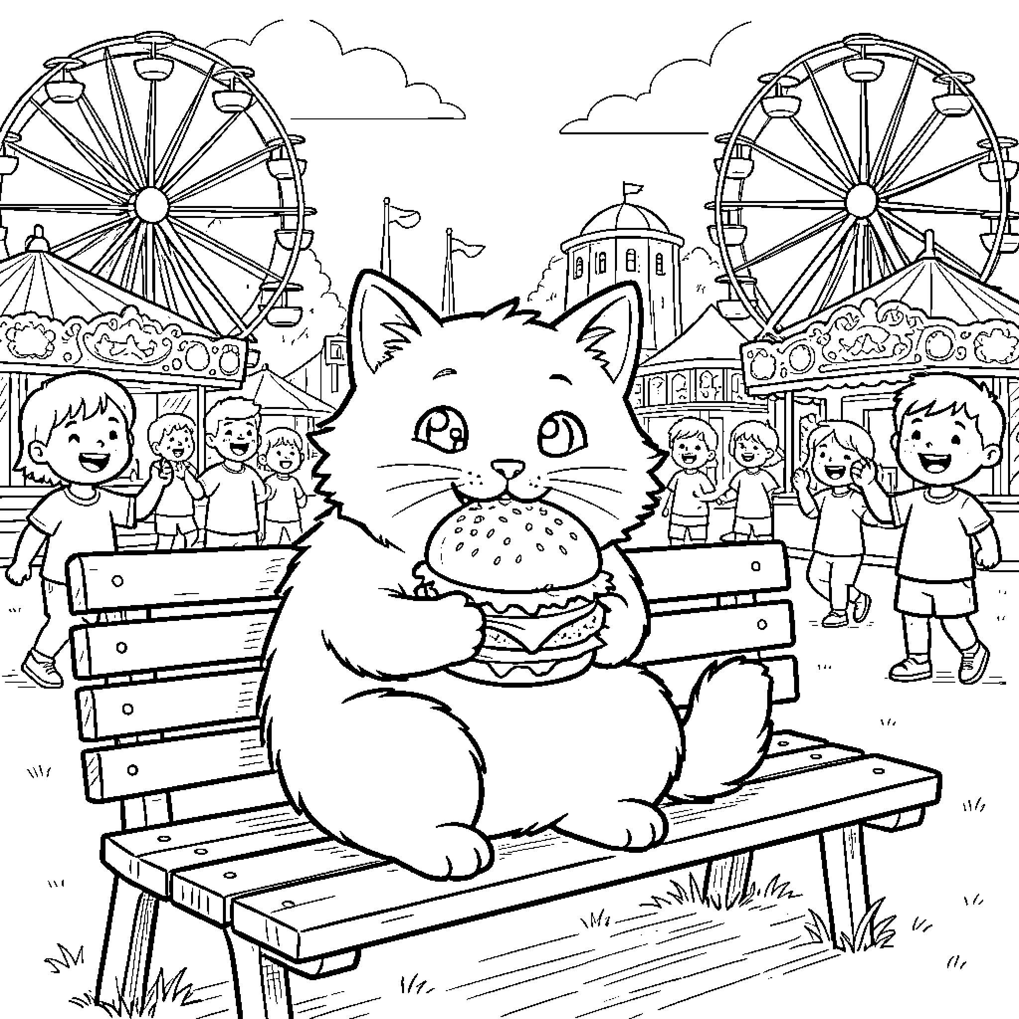 Cat enjoys a delicious snack at the carnival Coloring Page (free black-and-white line drawing printable PDF for all, from beginners to advanced learners, including children, teens, adults, and seniors)