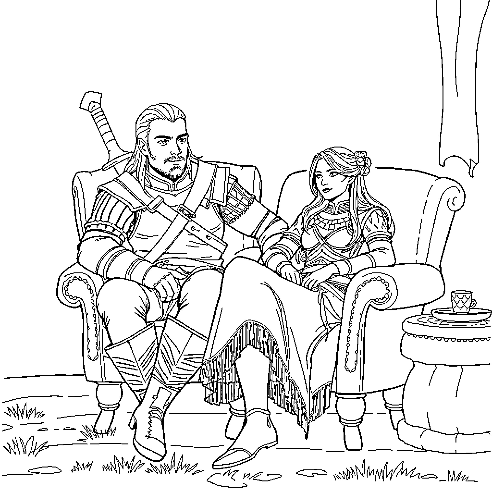 Geralt and a noble woman in a quiet moment Coloring Page (free black-and-white line drawing printable PDF for all, from beginners to advanced learners, including children, teens, adults, and seniors)