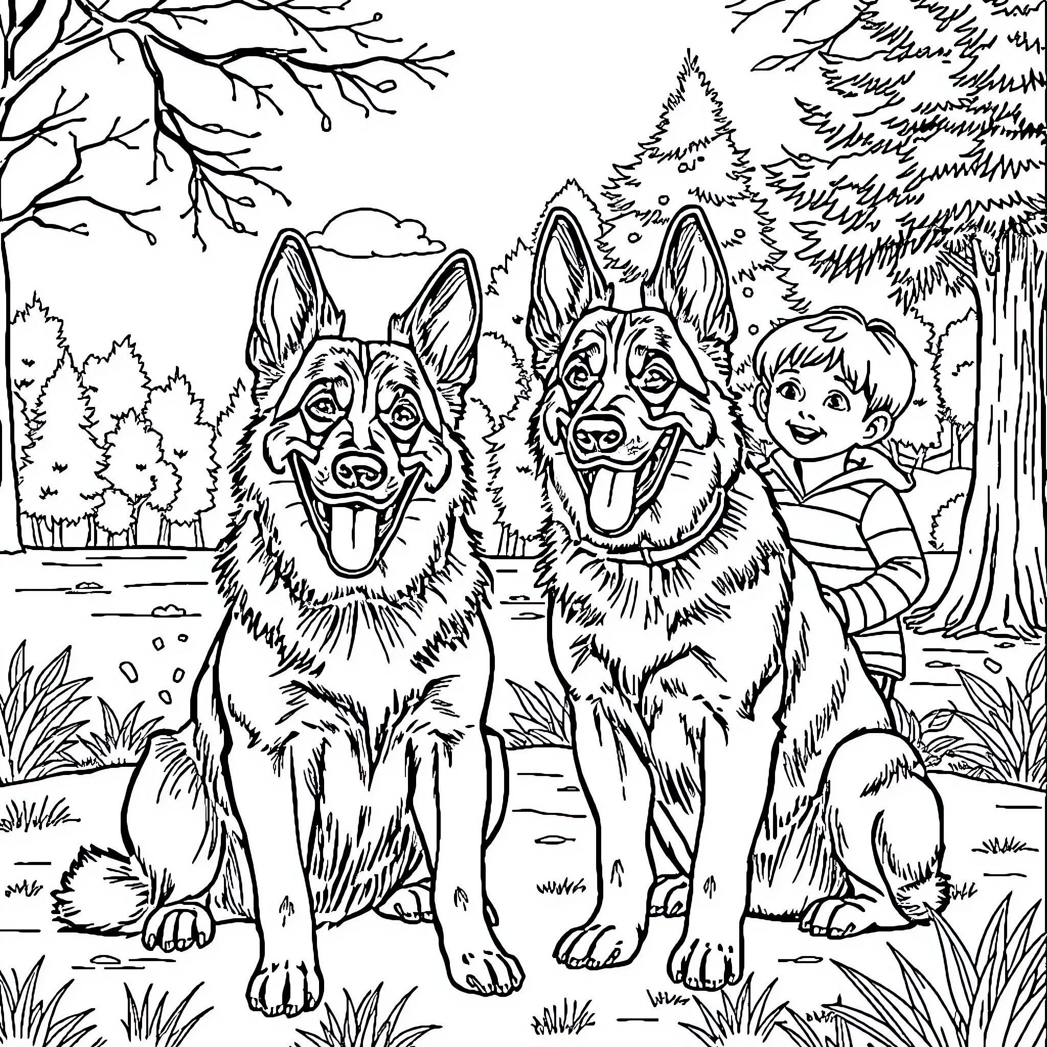 Chien Joyeux avec Enfant dans la Forêt Coloring Page (free black-and-white line drawing printable PDF for all, from beginners to advanced learners, including children, teens, adults, and seniors)