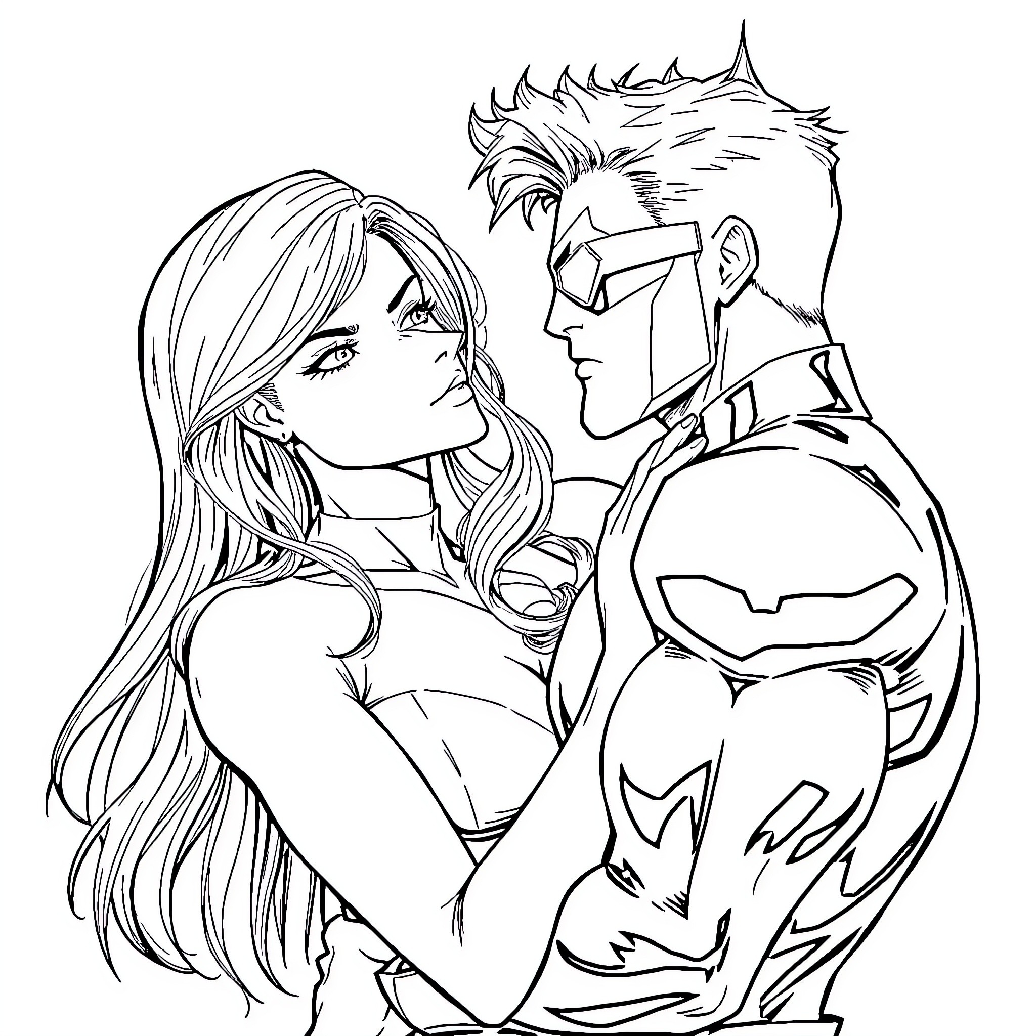 Jean Grey sharing a tender moment with her partner Coloring Page (free black-and-white line drawing printable PDF for all, from beginners to advanced learners, including children, teens, adults, and seniors)