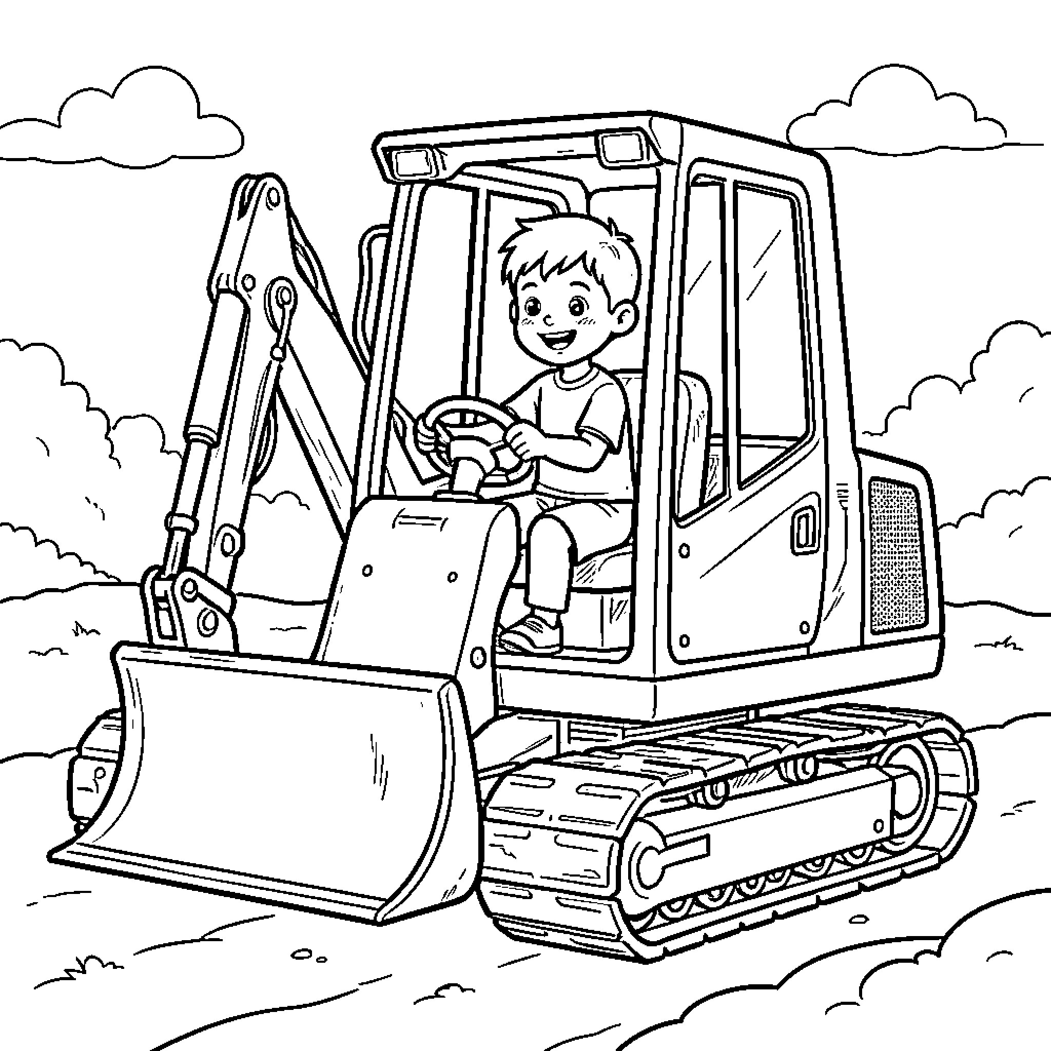 Boy driving a heavy construction excavator happily Coloring Page (free black-and-white line drawing printable PDF for all, from beginners to advanced learners, including children, teens, adults, and seniors)