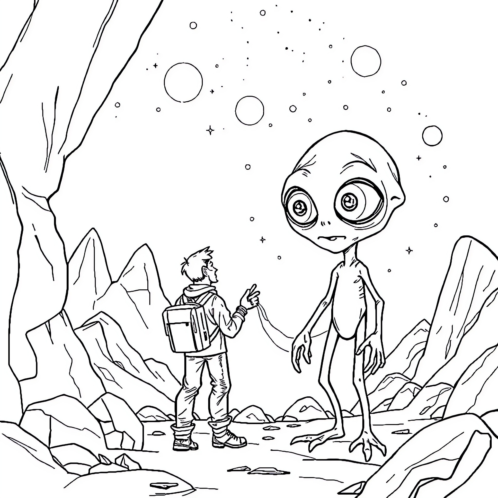 Man explores alien world with extraterrestrial creature Coloring Page (free black-and-white line drawing printable PDF for all, from beginners to advanced learners, including children, teens, adults, and seniors)