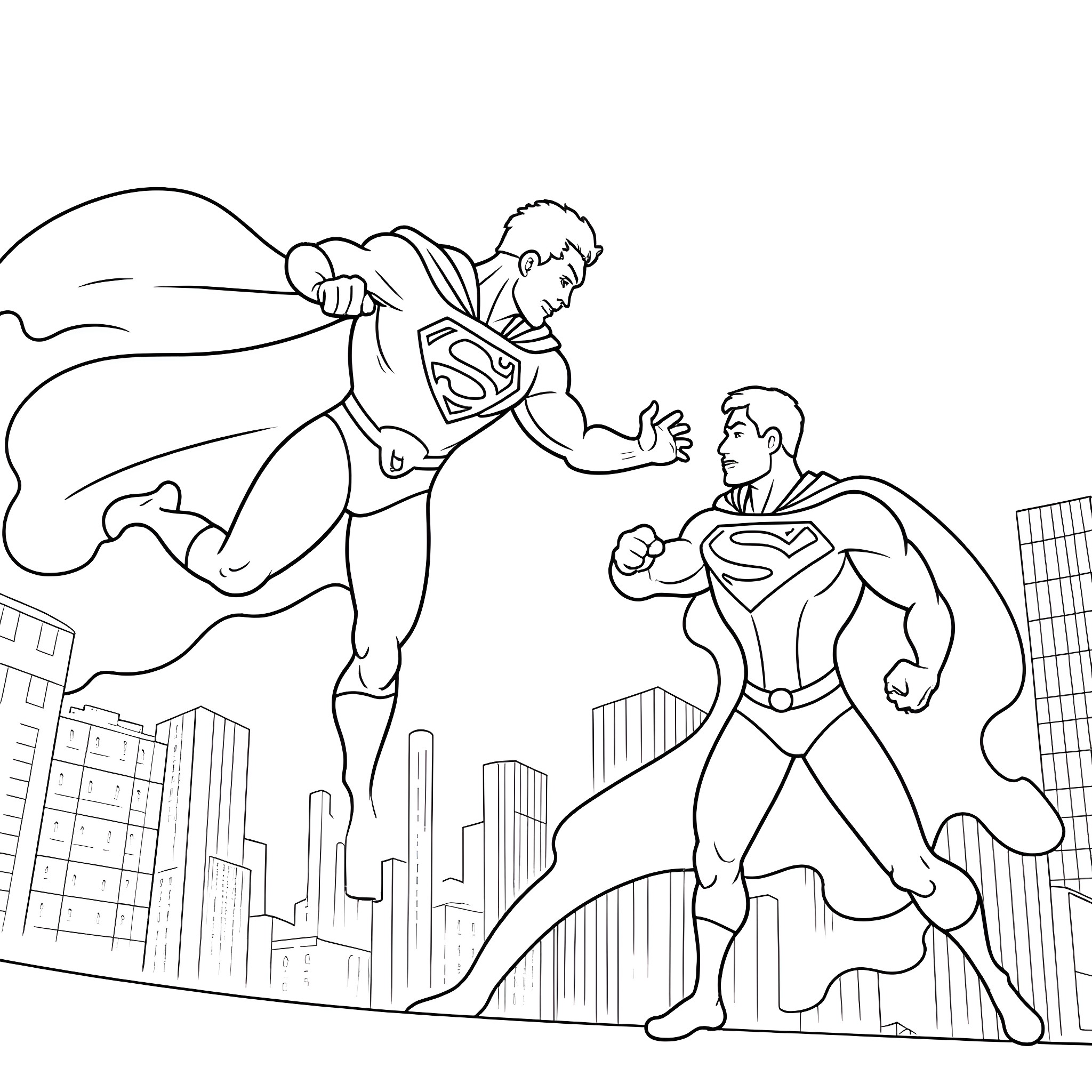 Superman heroically engaging in combat against another Superman-like figure Coloring Page (free black-and-white line drawing printable PDF for all, from beginners to advanced learners, including children, teens, adults, and seniors)