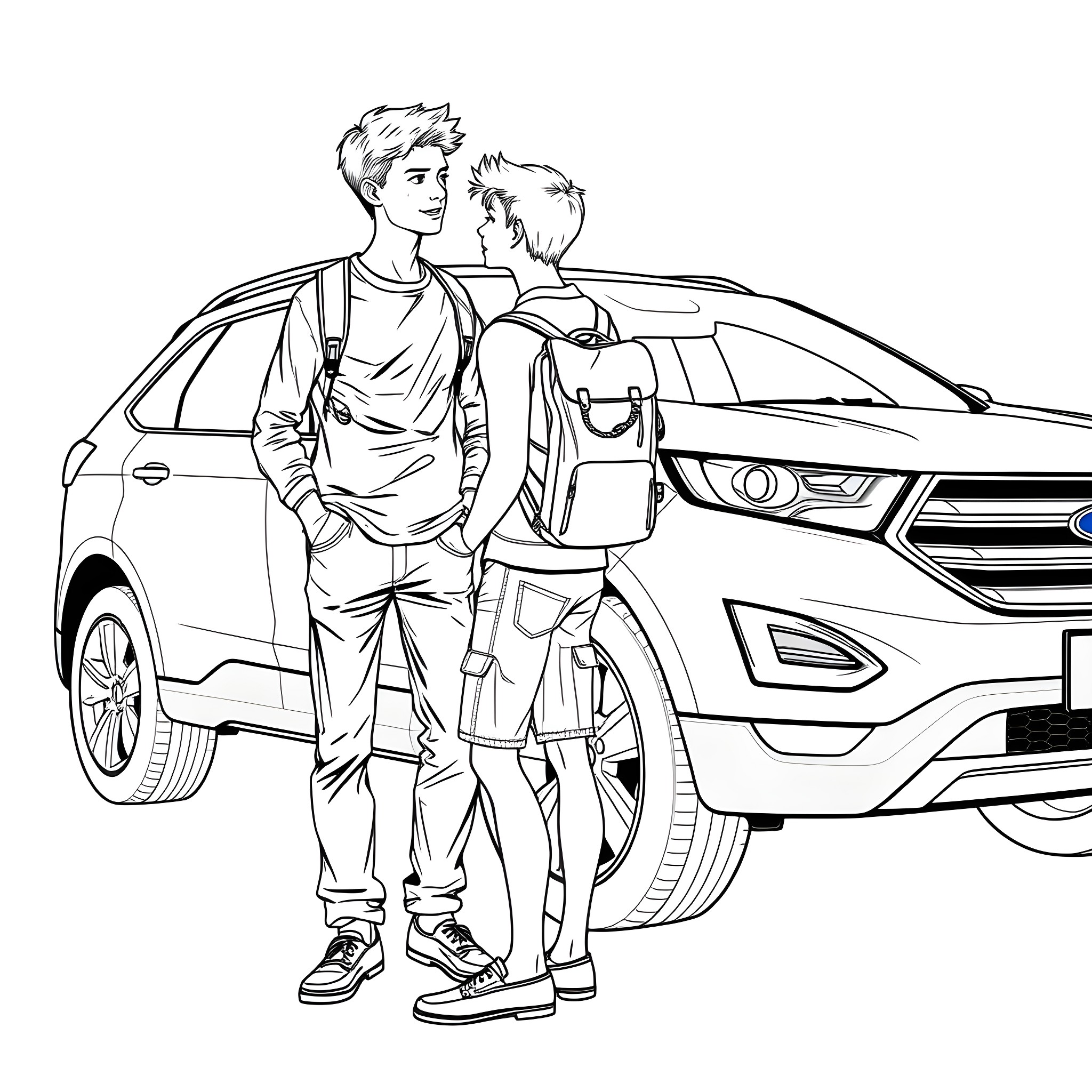 Teen Guy and Schoolgirl Standing by Car Coloring Page (free black-and-white line drawing printable PDF for all, from beginners to advanced learners, including children, teens, adults, and seniors)