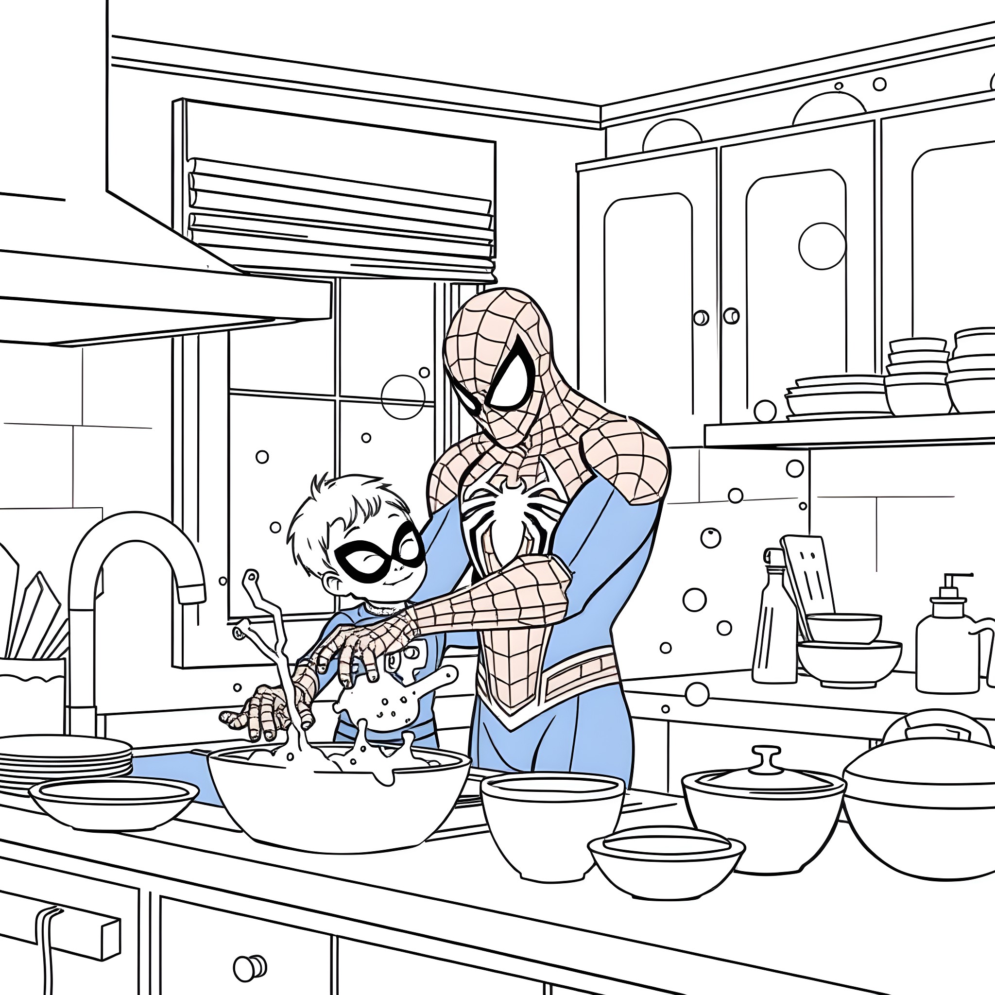 Spiderman helping little Spider-Boy in the kitchen Coloring Page (free black-and-white line drawing printable PDF for all, from beginners to advanced learners, including children, teens, adults, and seniors)