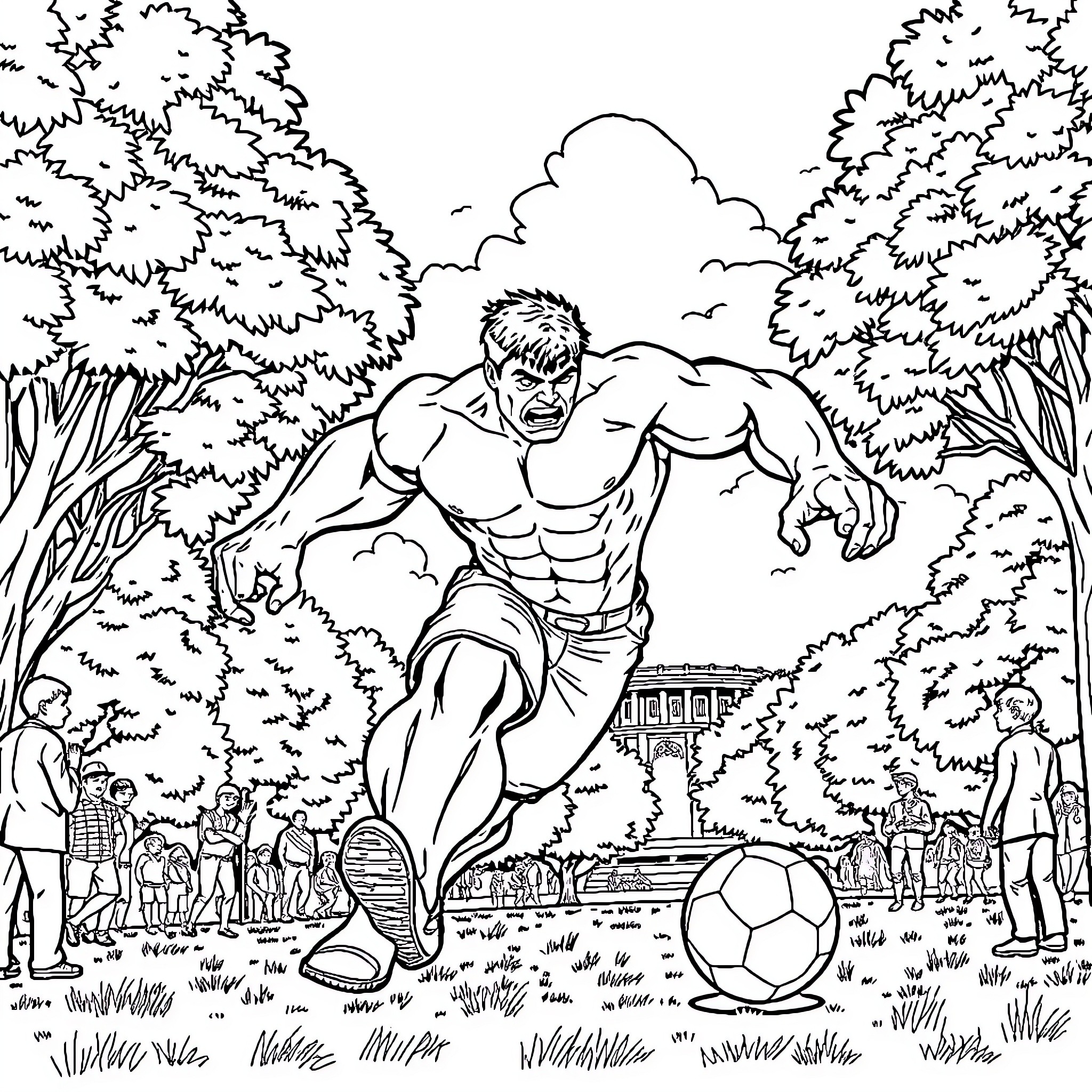 Hulk playing soccer with children in the park Coloring Page (free black-and-white line drawing printable PDF for all, from beginners to advanced learners, including children, teens, adults, and seniors)