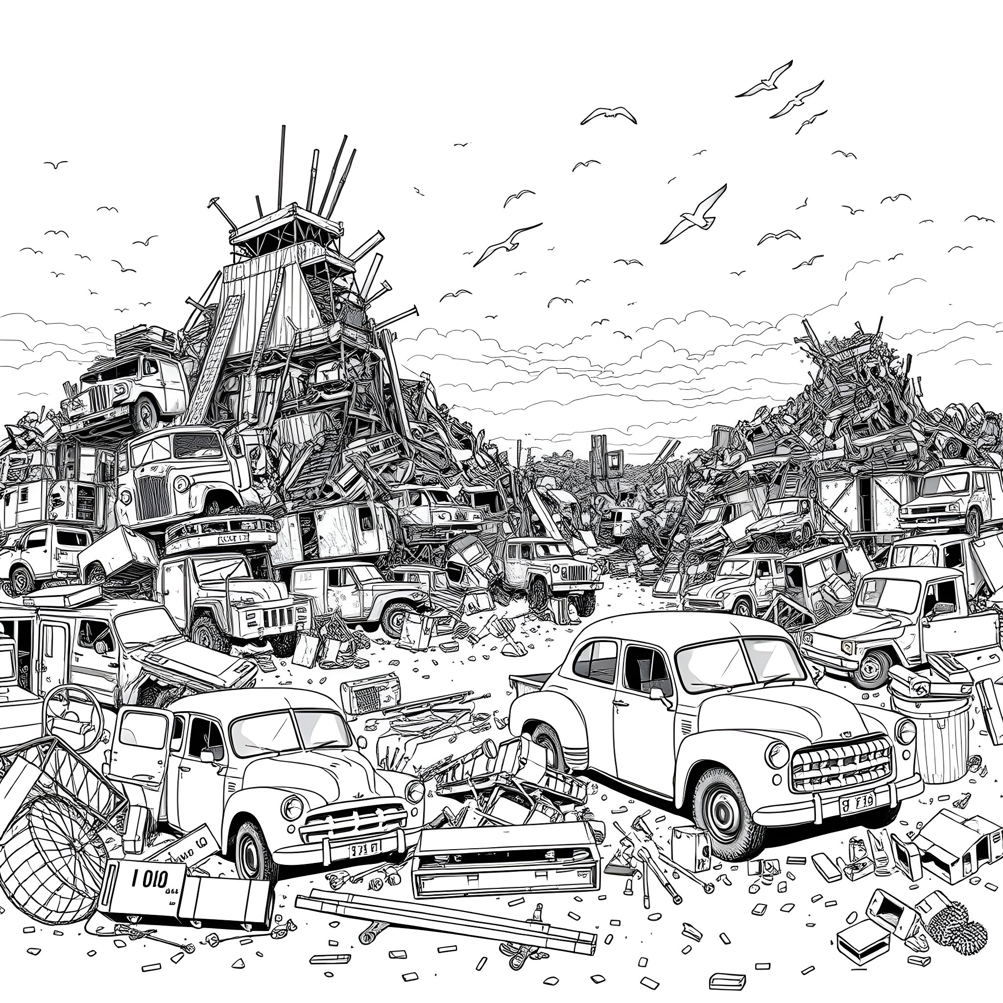 Junk Yard Filled with Discarded Vehicles and Debris Coloring Page (free black-and-white line drawing printable PDF for all, from beginners to advanced learners, including children, teens, adults, and seniors)