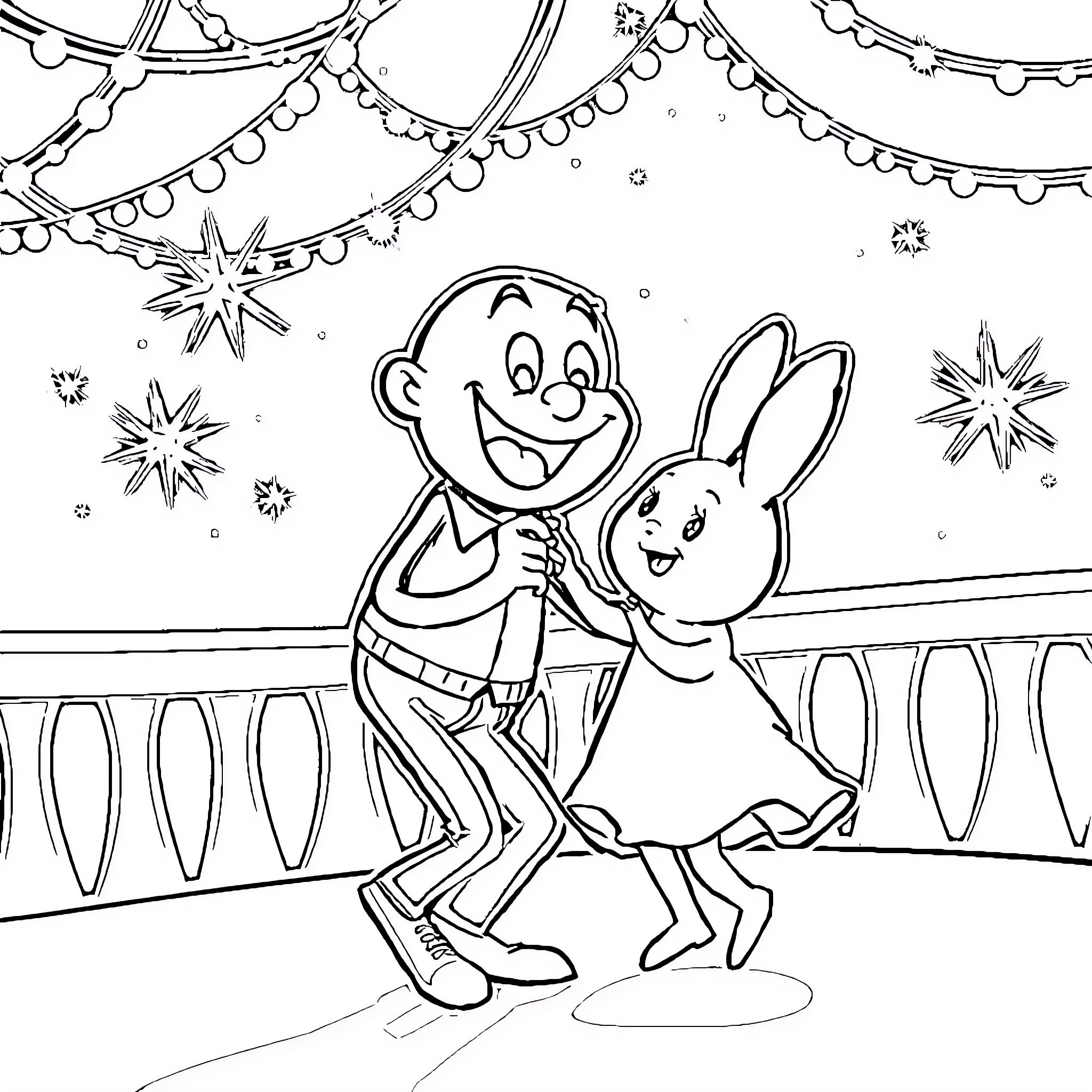 Bob l'éponge and Bunny Enjoying the Festive Decorations Coloring Page (free black-and-white line drawing printable PDF for all, from beginners to advanced learners, including children, teens, adults, and seniors)