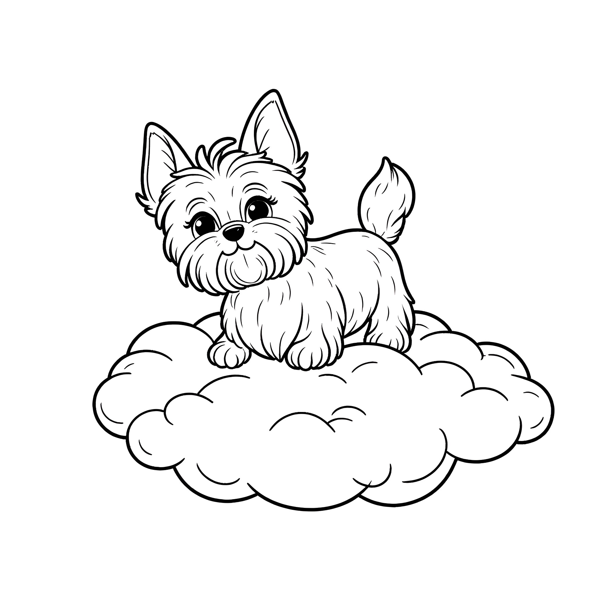 Yorkie sitting adorably on a cloud Coloring Page (free black-and-white line drawing printable PDF for all, from beginners to advanced learners, including children, teens, adults, and seniors)
