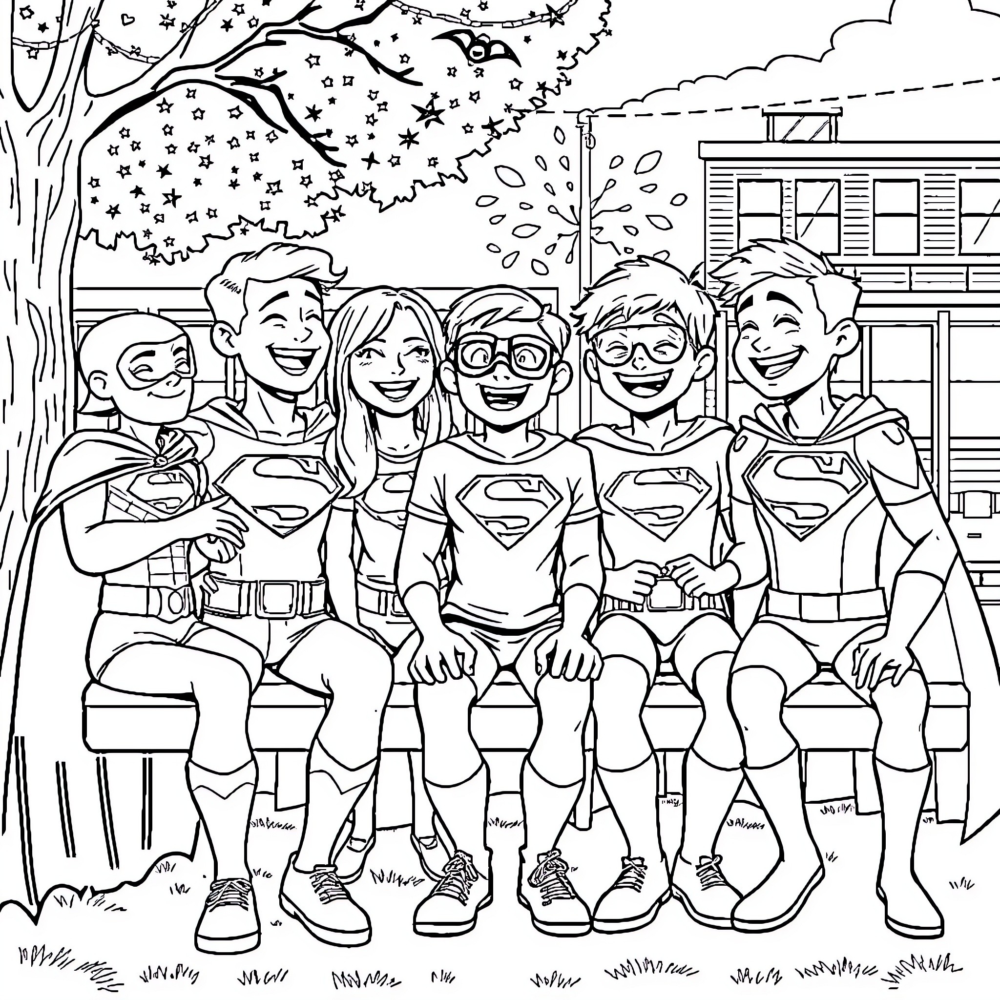 Justice League: Superheroes in Action Coloring Page (free black-and-white line drawing printable PDF for all, from beginners to advanced learners, including children, teens, adults, and seniors)