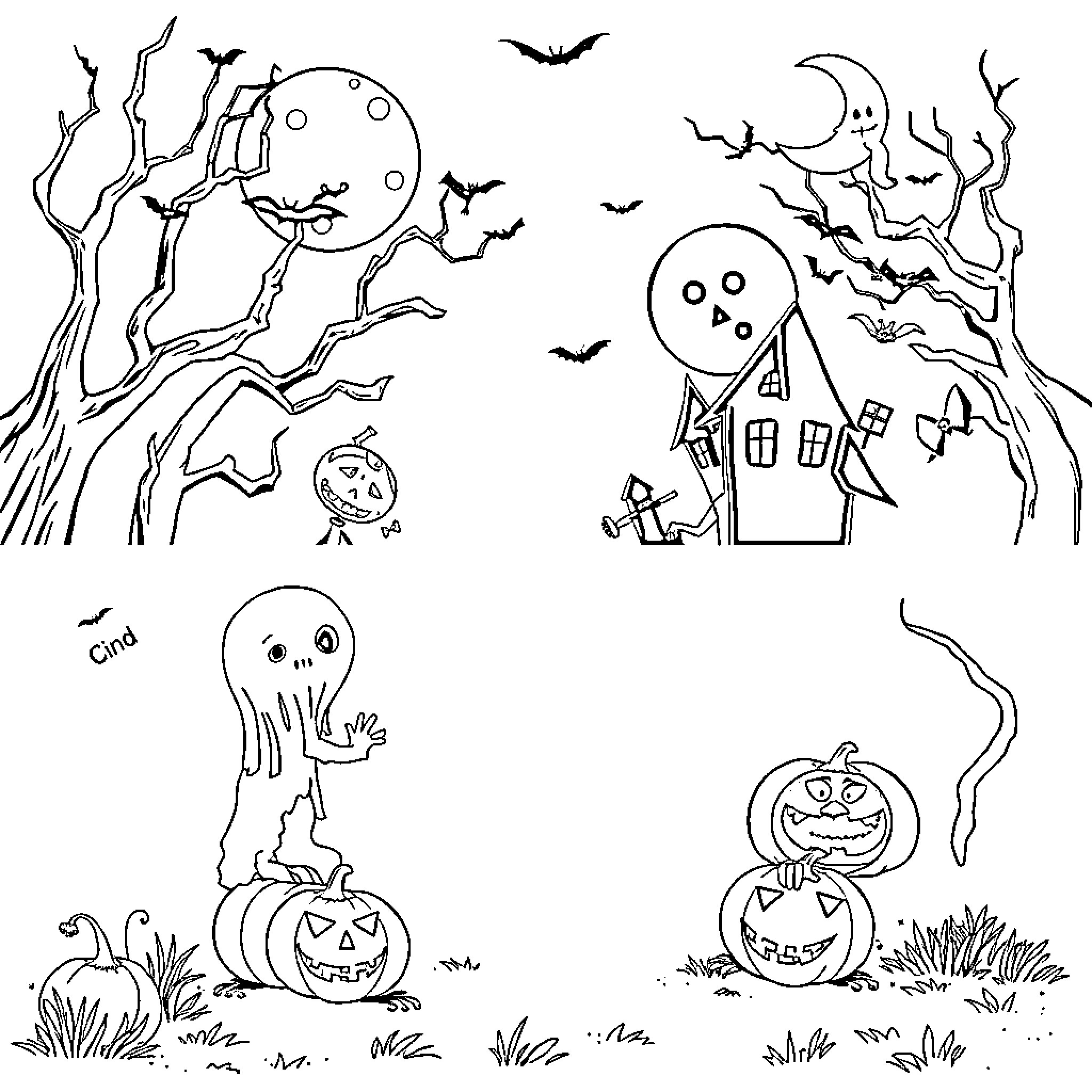 Halloween Spooky Scenes and Creatures Coloring Page (free black-and-white line drawing printable PDF for all, from beginners to advanced learners, including children, teens, adults, and seniors)