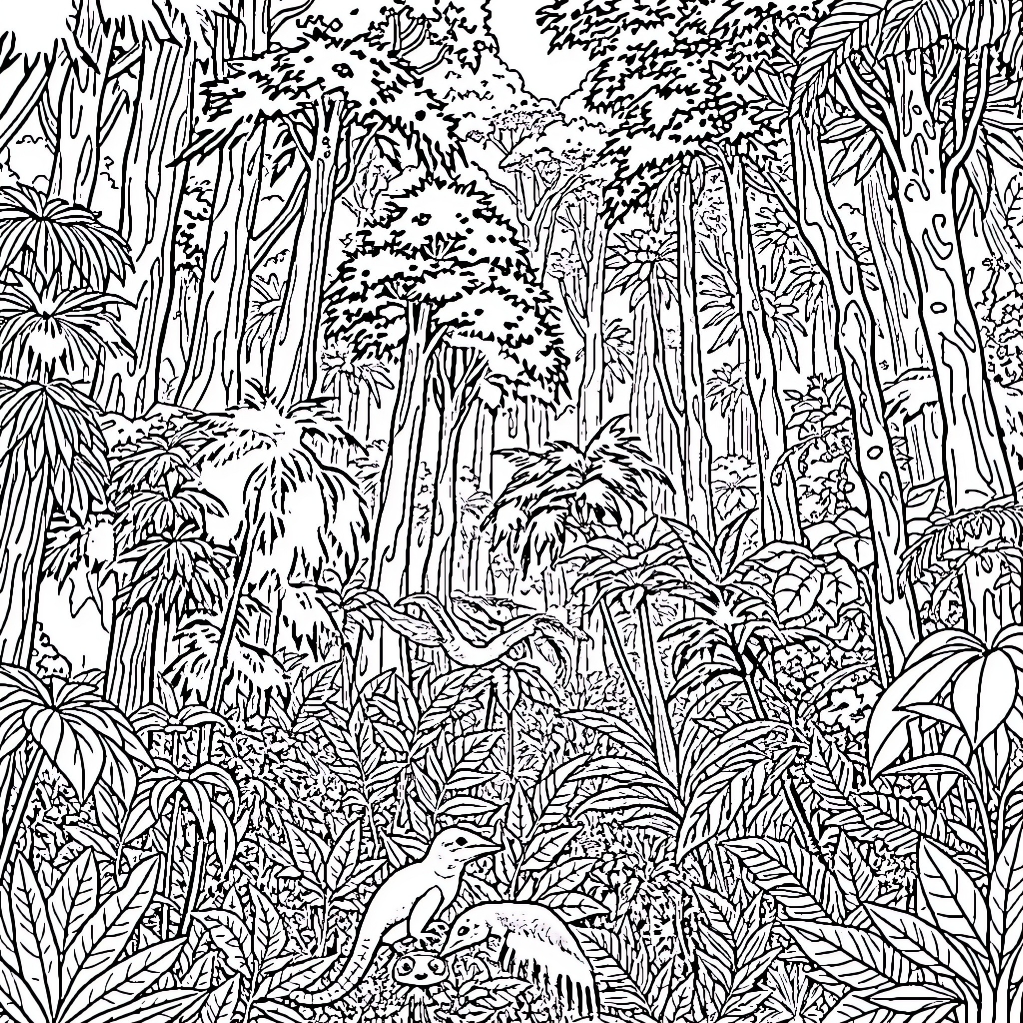 Monster hidden in the lush jungle foliage Coloring Page (free black-and-white line drawing printable PDF for all, from beginners to advanced learners, including children, teens, adults, and seniors)