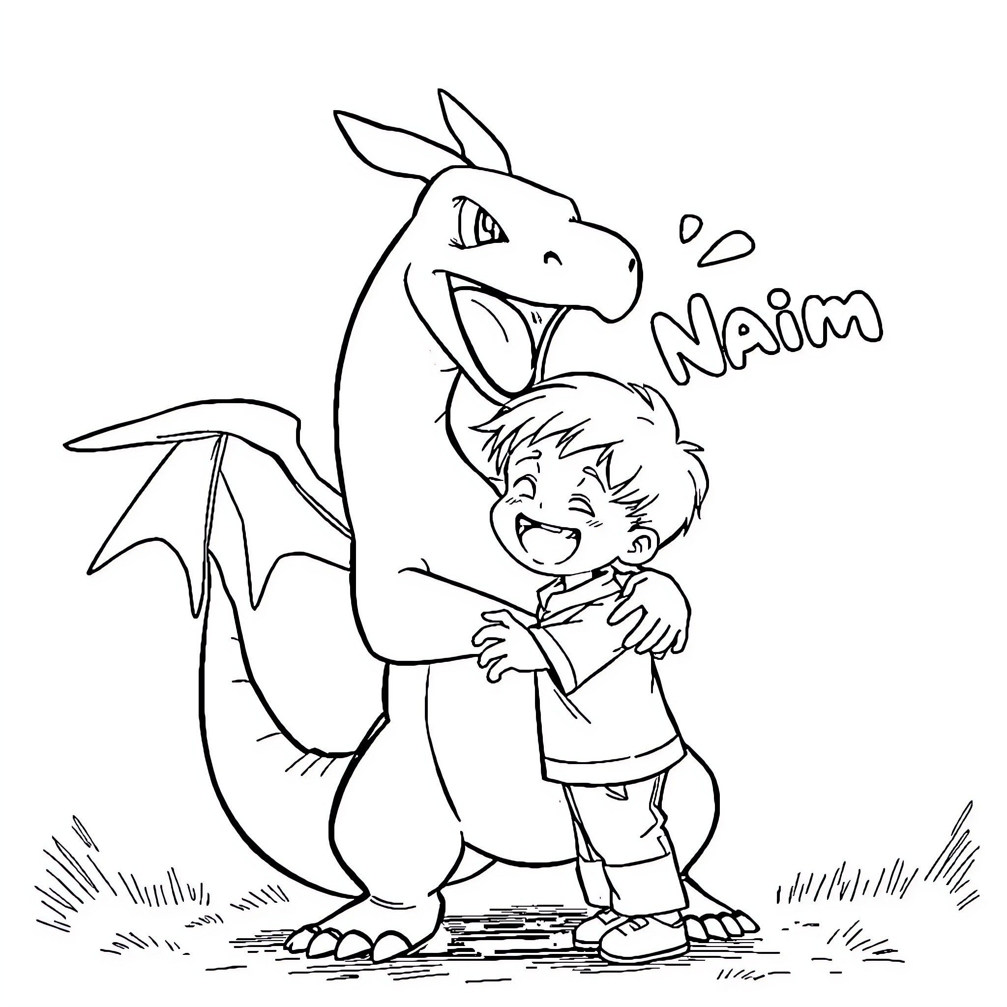 Charizard and a cheerful child playing together Coloring Page (free black-and-white line drawing printable PDF for all, from beginners to advanced learners, including children, teens, adults, and seniors)