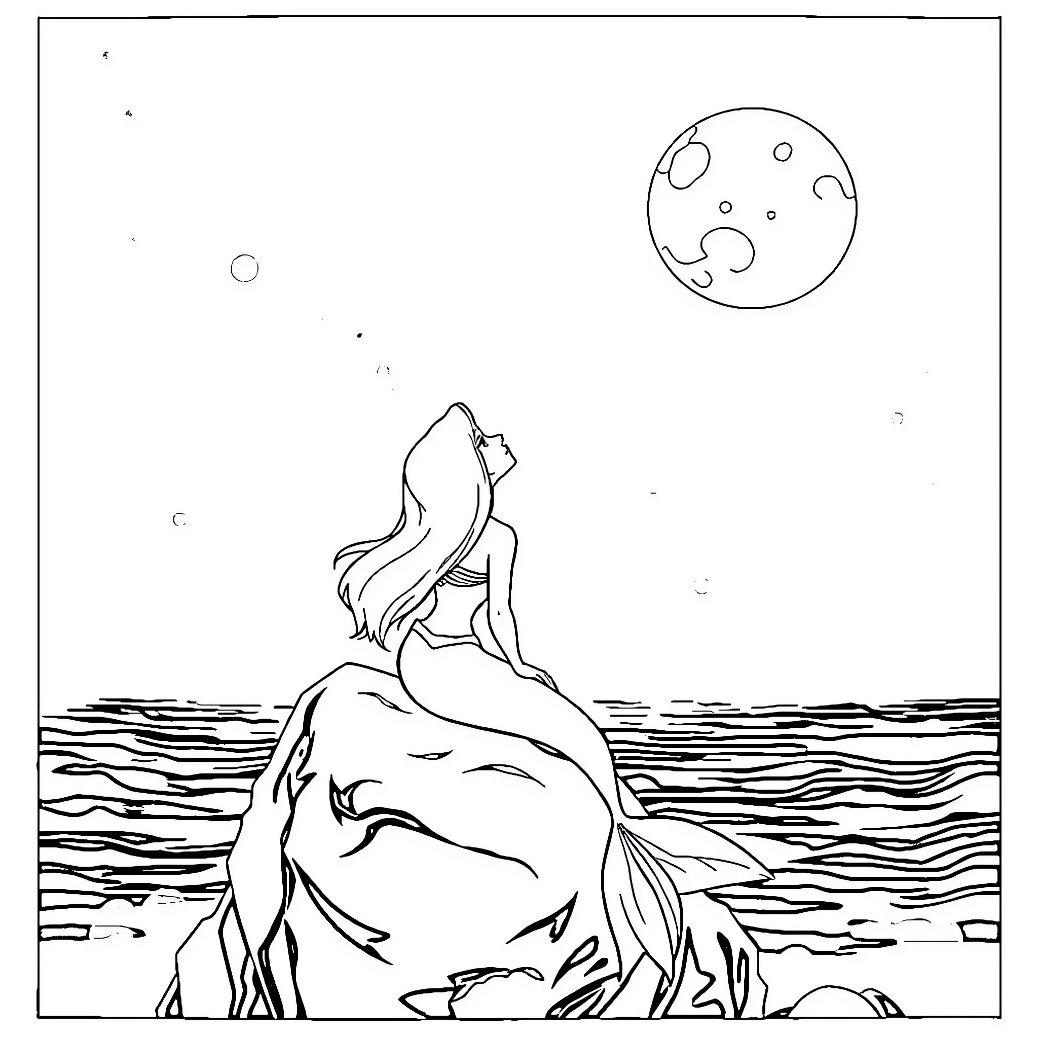 Ariel gazing at the moon over the ocean Coloring Page (free black-and-white line drawing printable PDF for all, from beginners to advanced learners, including children, teens, adults, and seniors)