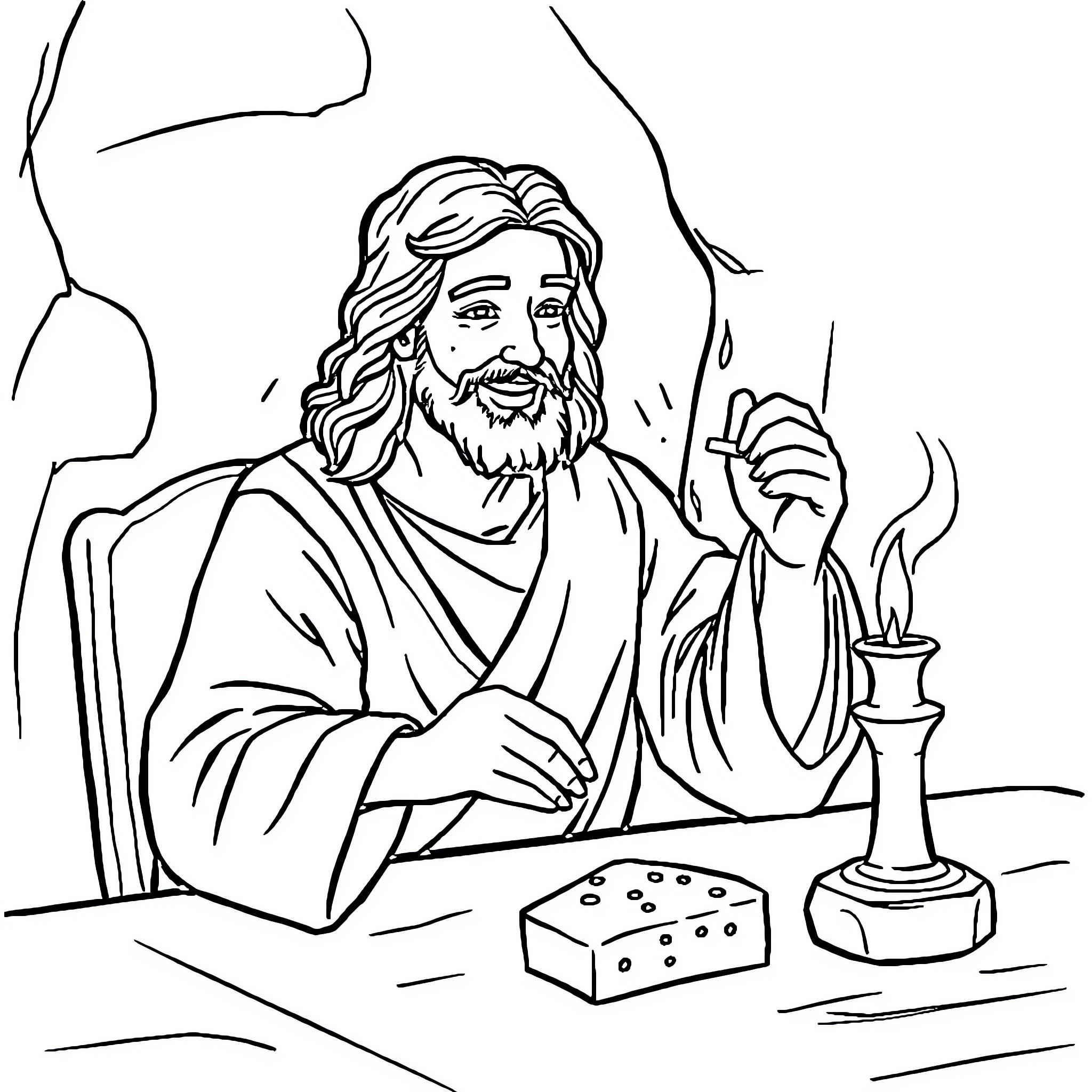 Jesus teaching and blessing at the table Coloring Page (free black-and-white line drawing printable PDF for all, from beginners to advanced learners, including children, teens, adults, and seniors)