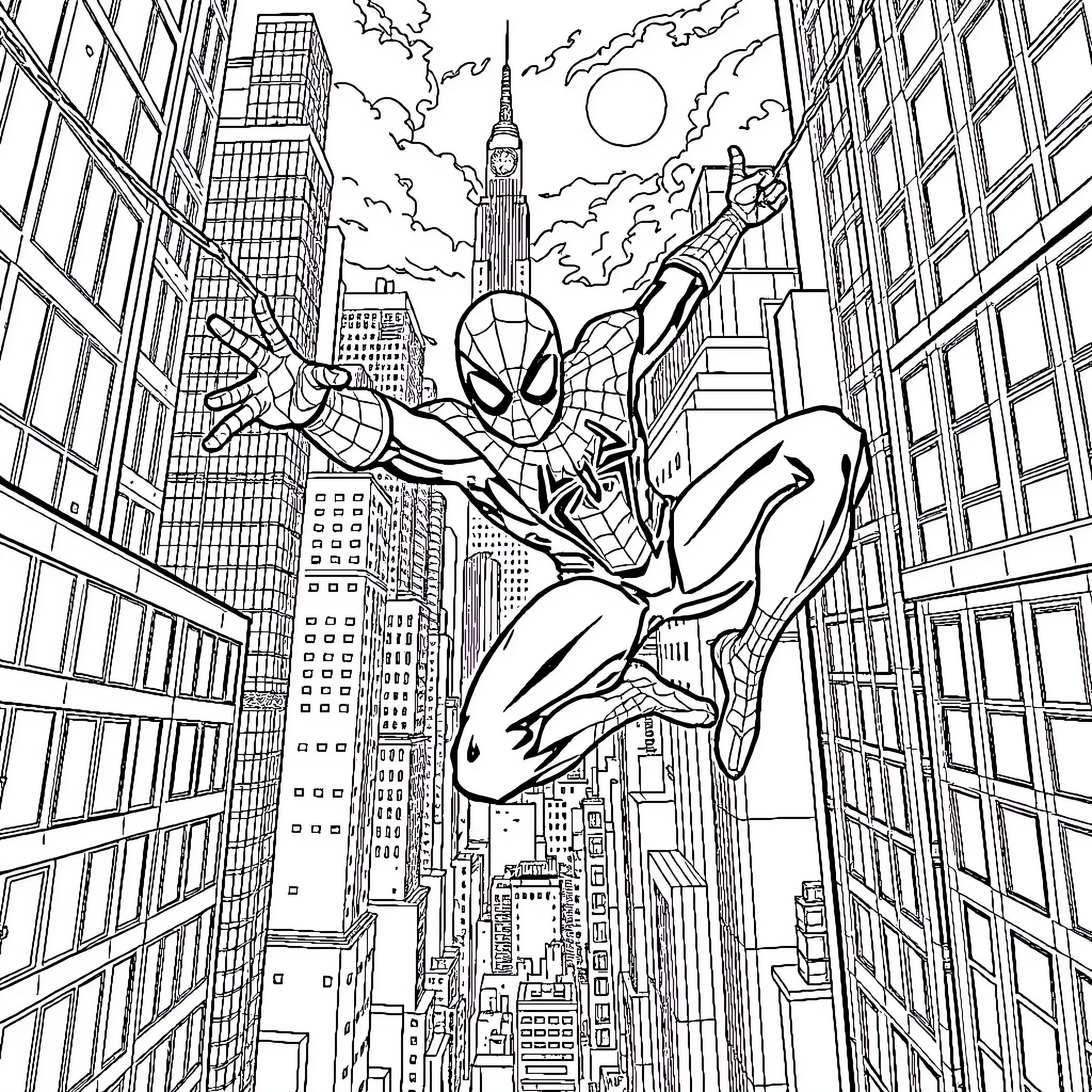 Spider-Man swinging heroically through the city Coloring Page (free black-and-white line drawing printable PDF for all, from beginners to advanced learners, including children, teens, adults, and seniors)