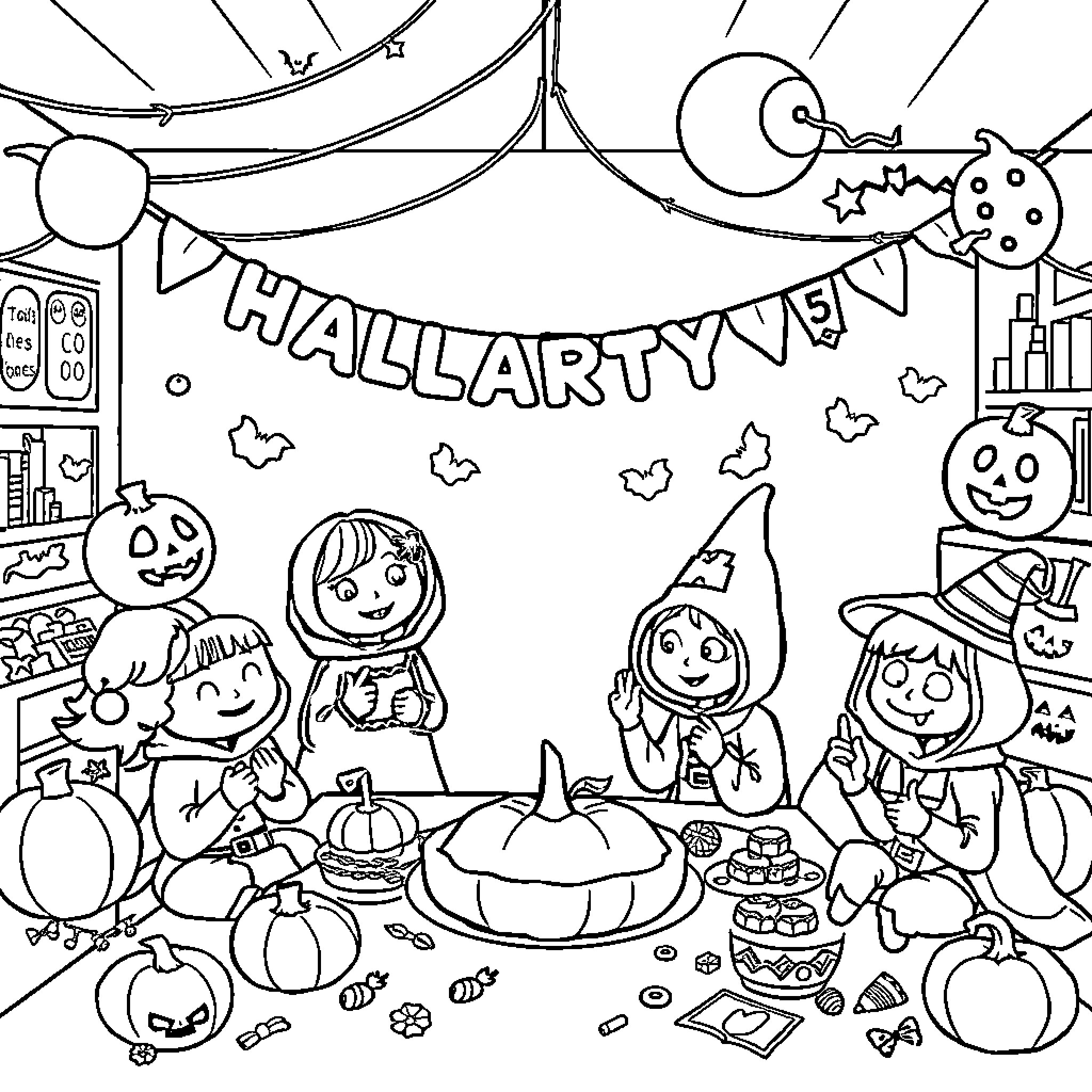 Halloween party with fun costumes and decorations Coloring Page (free black-and-white line drawing printable PDF for all, from beginners to advanced learners, including children, teens, adults, and seniors)