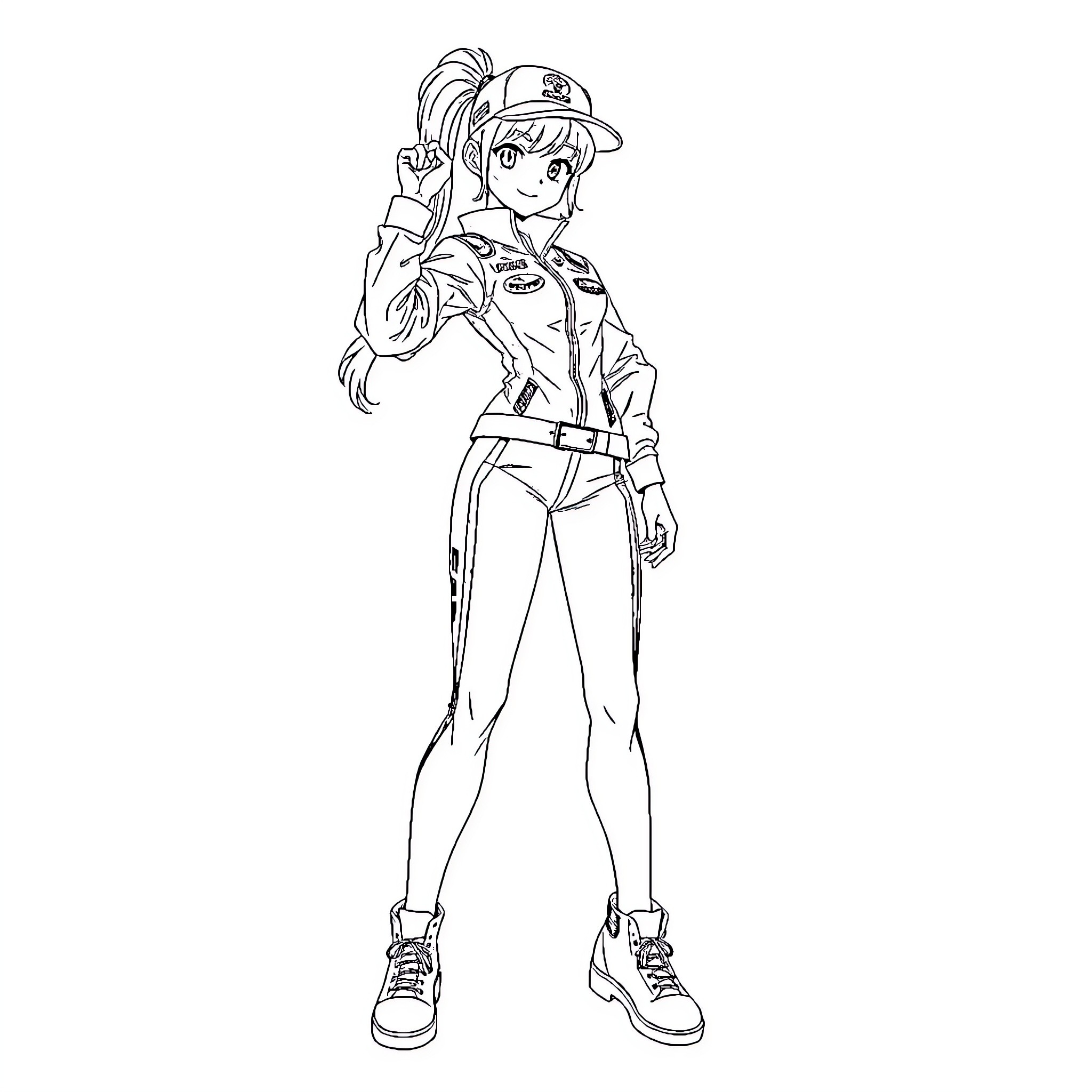 Anime Girl Giving Playful Peace Sign in Casual Outfit Coloring Page (free black-and-white line drawing printable PDF for all, from beginners to advanced learners, including children, teens, adults, and seniors)