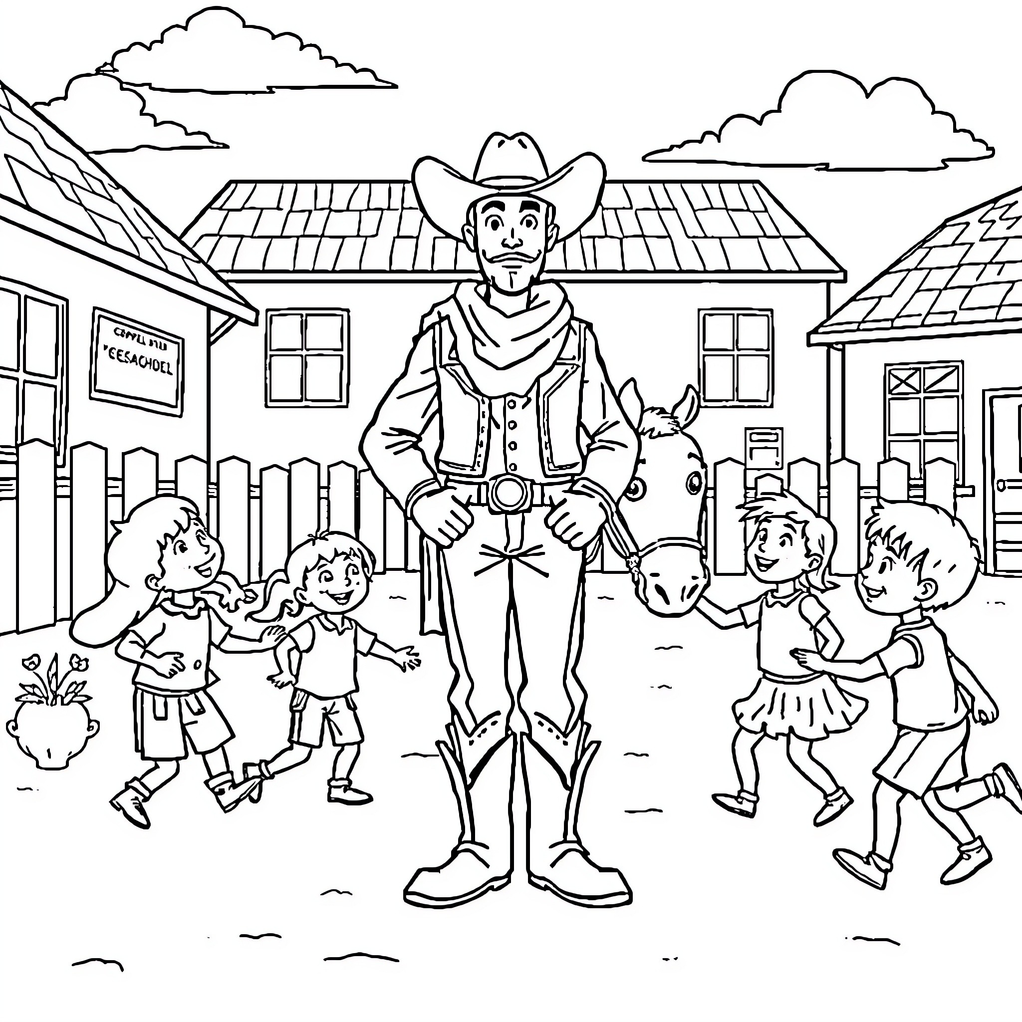 Cowboy standing tall among playing children in town Coloring Page (free black-and-white line drawing printable PDF for all, from beginners to advanced learners, including children, teens, adults, and seniors)
