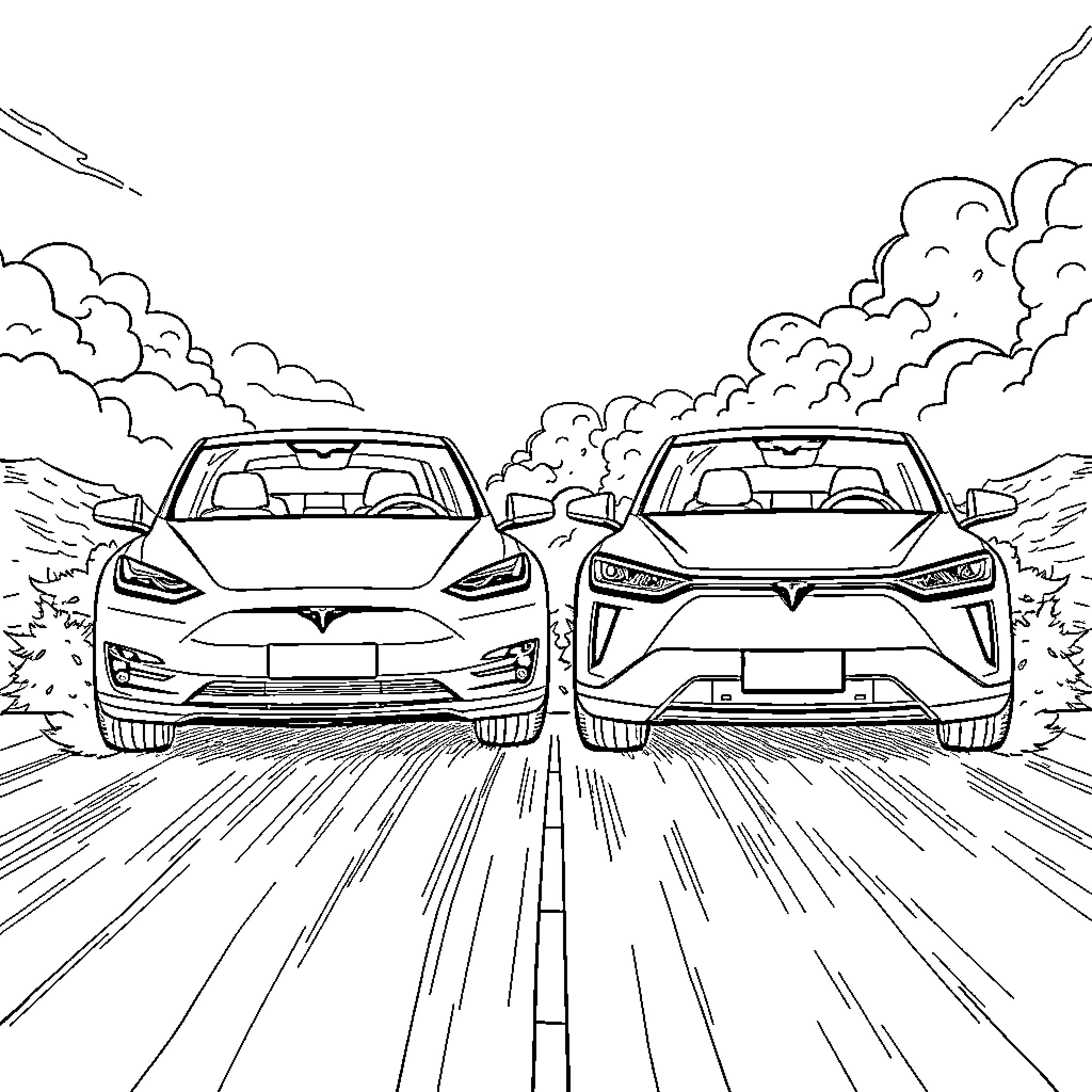 Car racing on a remote scenic road Coloring Page (free black-and-white line drawing printable PDF for all, from beginners to advanced learners, including children, teens, adults, and seniors)